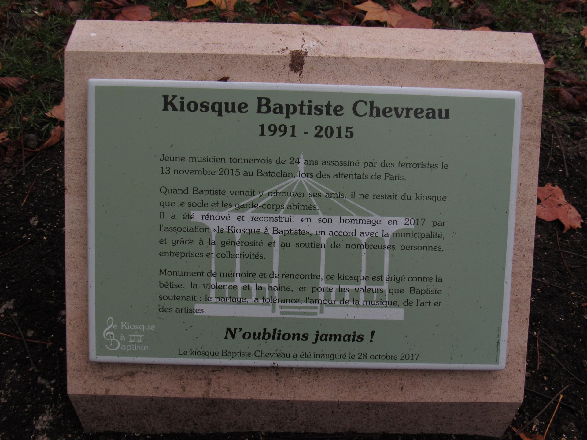 A memorial plaque lists values Chevreau believed in: 