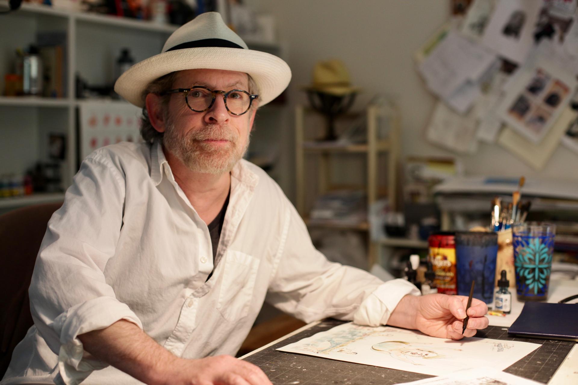 Illustrator Barry Blitt at his home studio in Connecticut