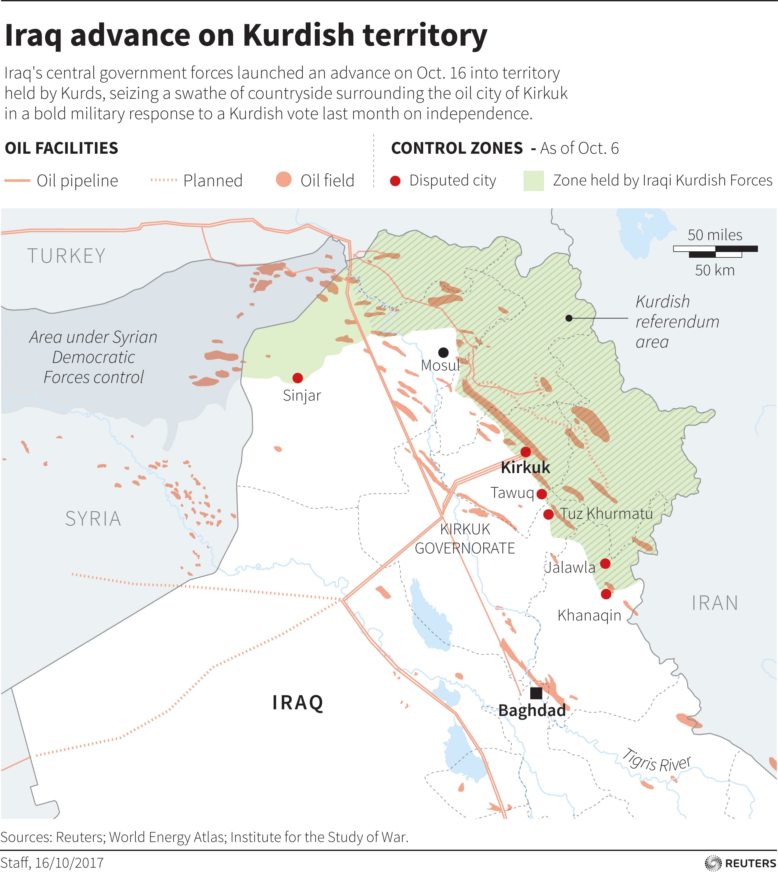 Iraq's central government forces launched an advance on Oct. 16 into territory held by Kurds, seizing a swathe of countryside surrounding the oil city of Kirkuk.