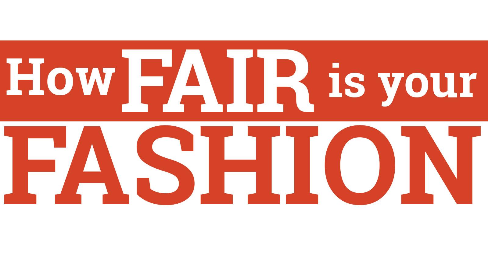 This logo says 'How fair is your fashion' in red letters