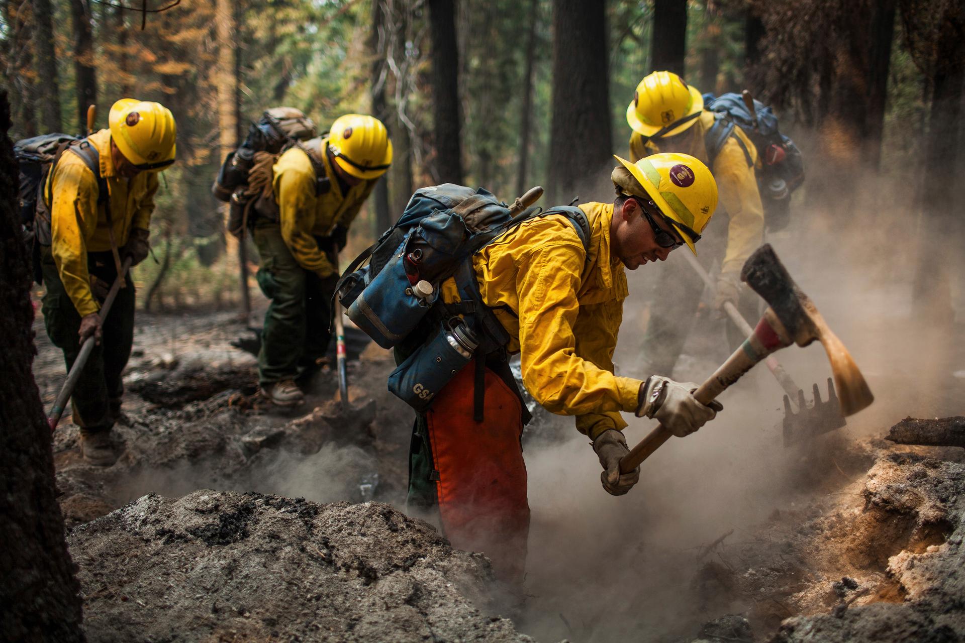 Firefighters from the Sequoia National Forest Cobra 4 hand crew mop up a spot fire