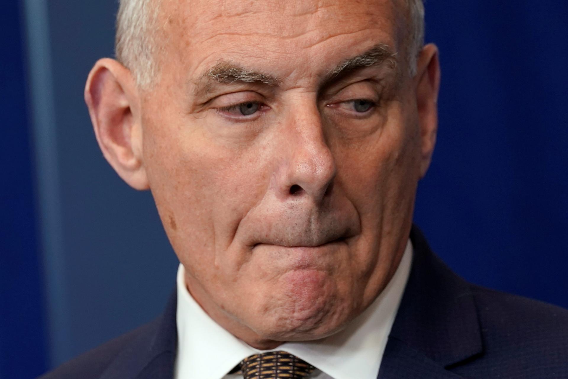 White House Chief of Staff John Kelly pauses during the daily briefing at the White House in Washington,