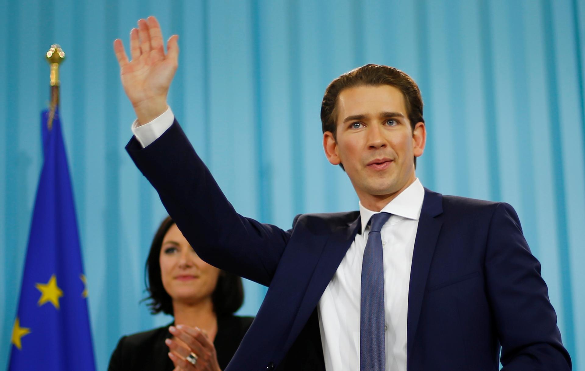 Top candidate of the People's Party (OeVP) Sebastian Kurz attends his party's victory celebration meeting in Vienna, Austria, Oct. 15, 2017.