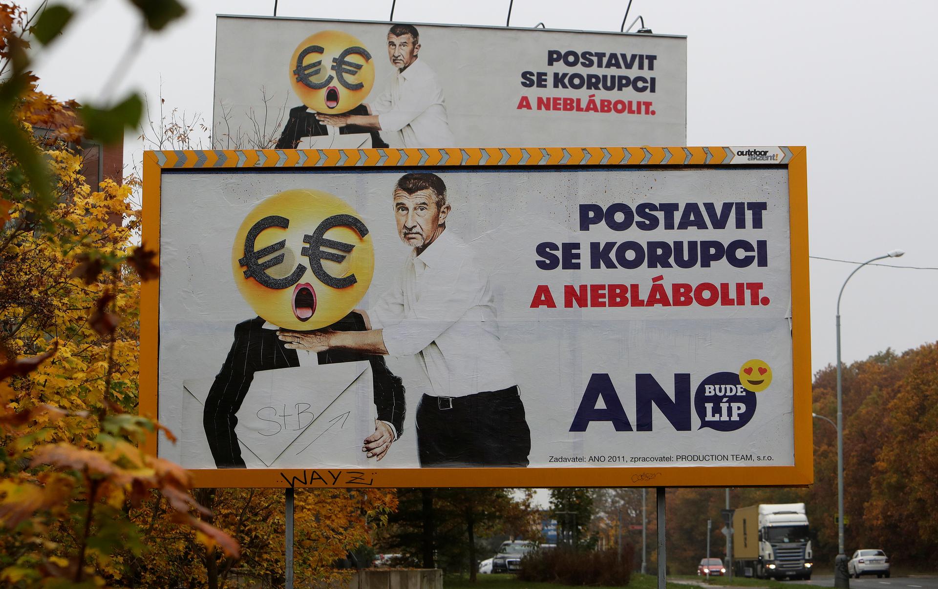Election campaign posters for the leader billionaire politician Andrej Babis in Prague, Czech Republic, reading: "Stand up against corruption and stop babbling."