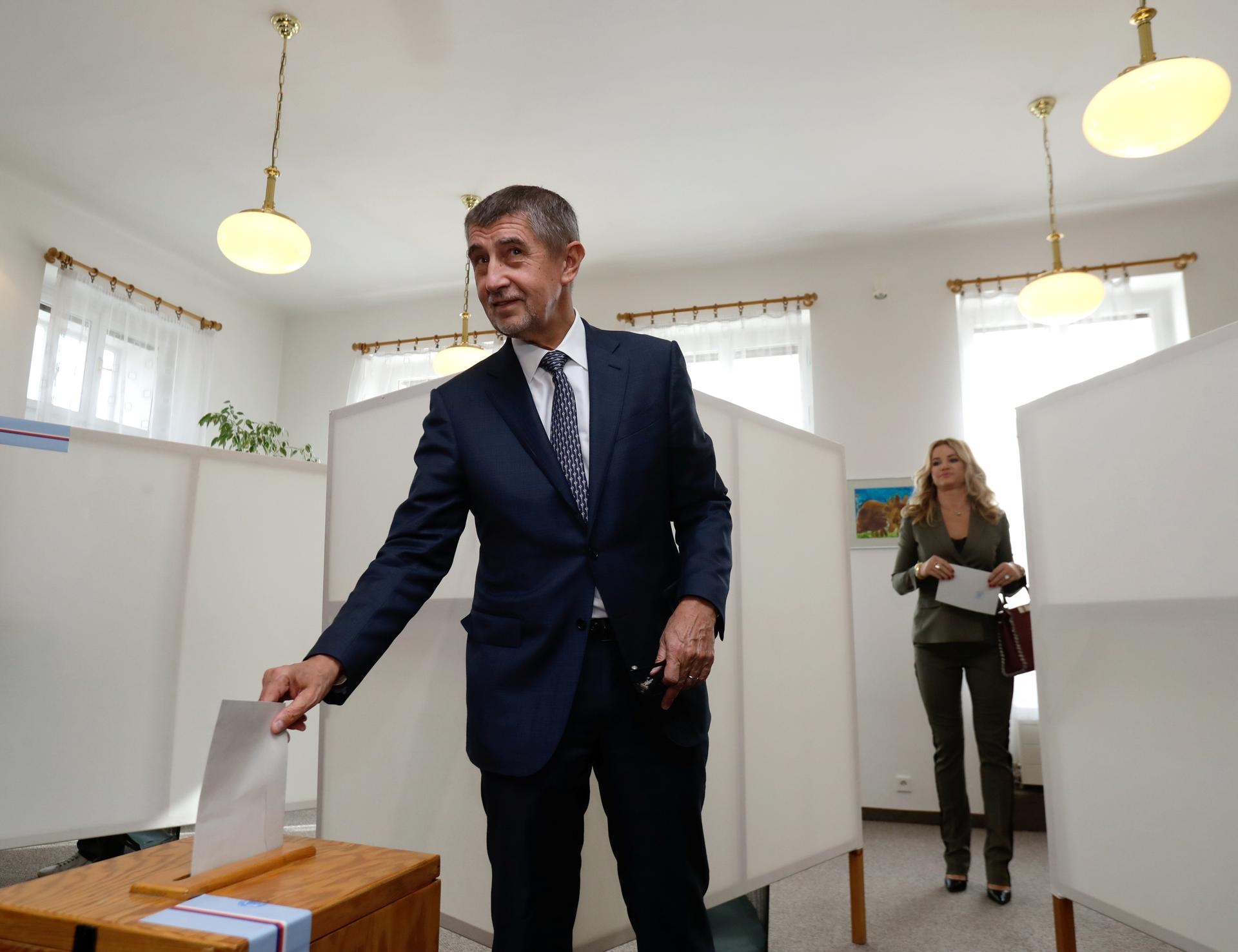 The leader of the Czech ANO party Andrej Babis casts his vote in parliamentary elections in Prague, Czech Republic, on Oct. 20, 2017.