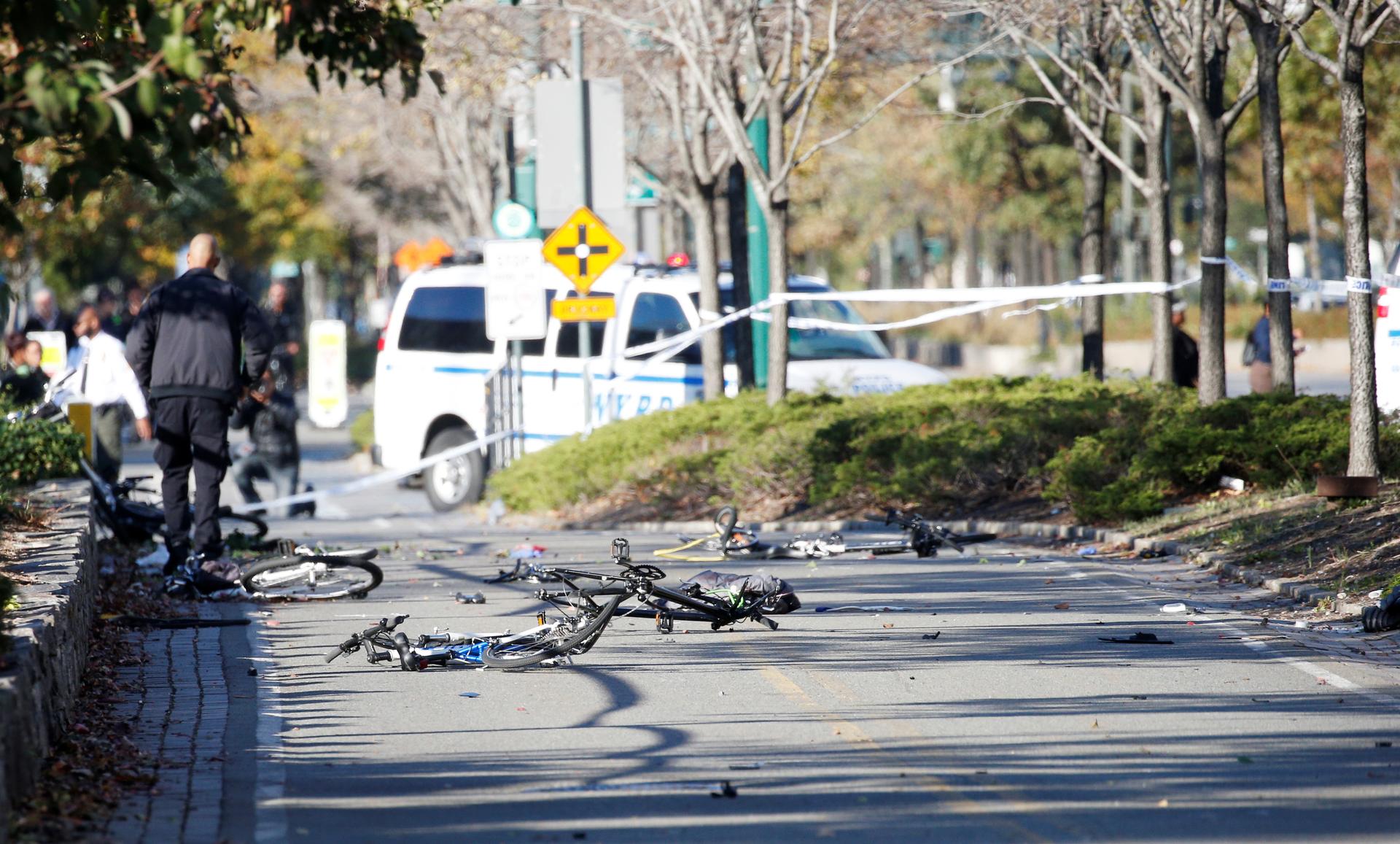 Multiple bikes are crushed along a bike path in lower Manhattan in New York.