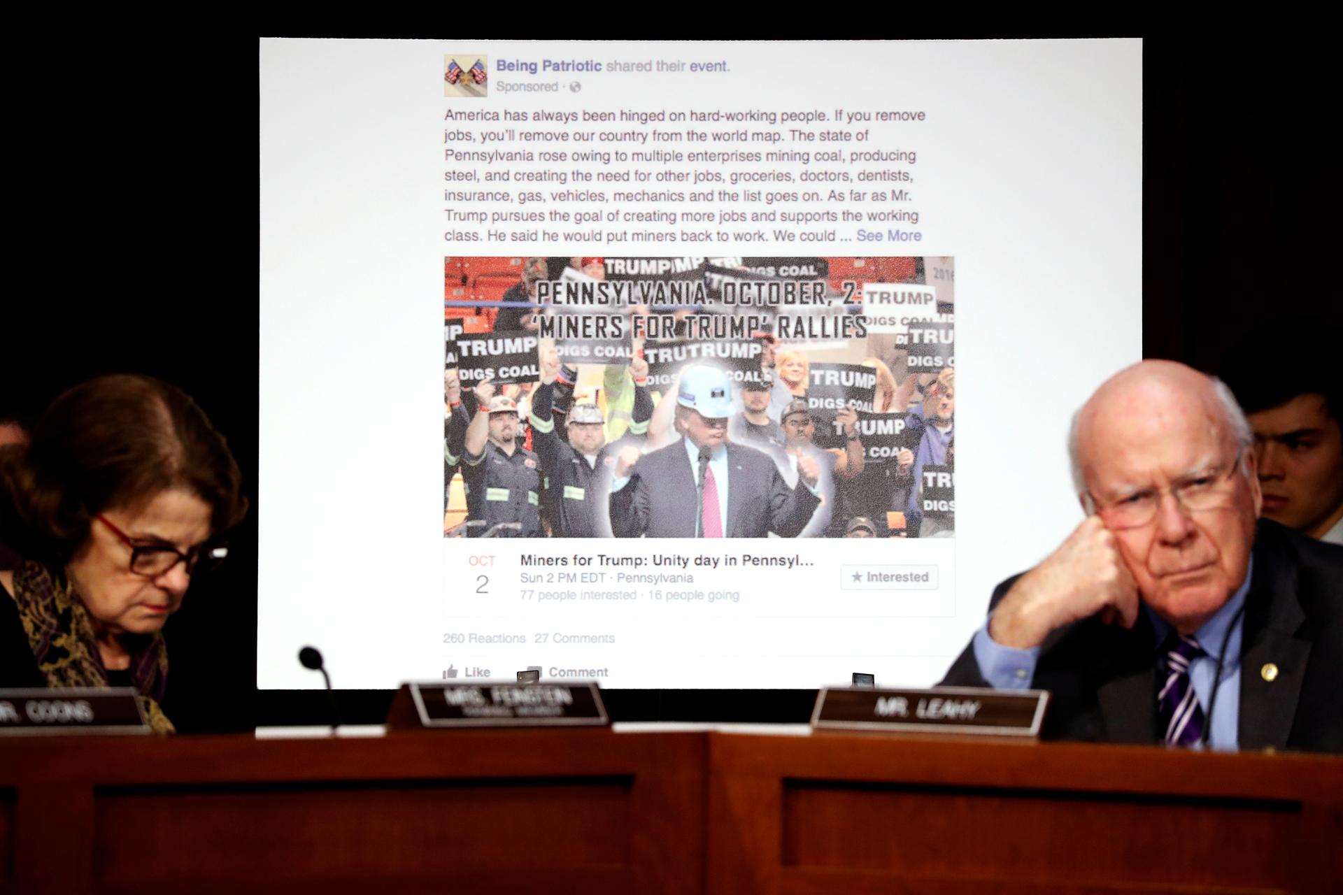 Senator Pat Leahy (D-VT) show a fake social media post for a non-existent "Miners for Trump" rally as representatives of Twitter, 