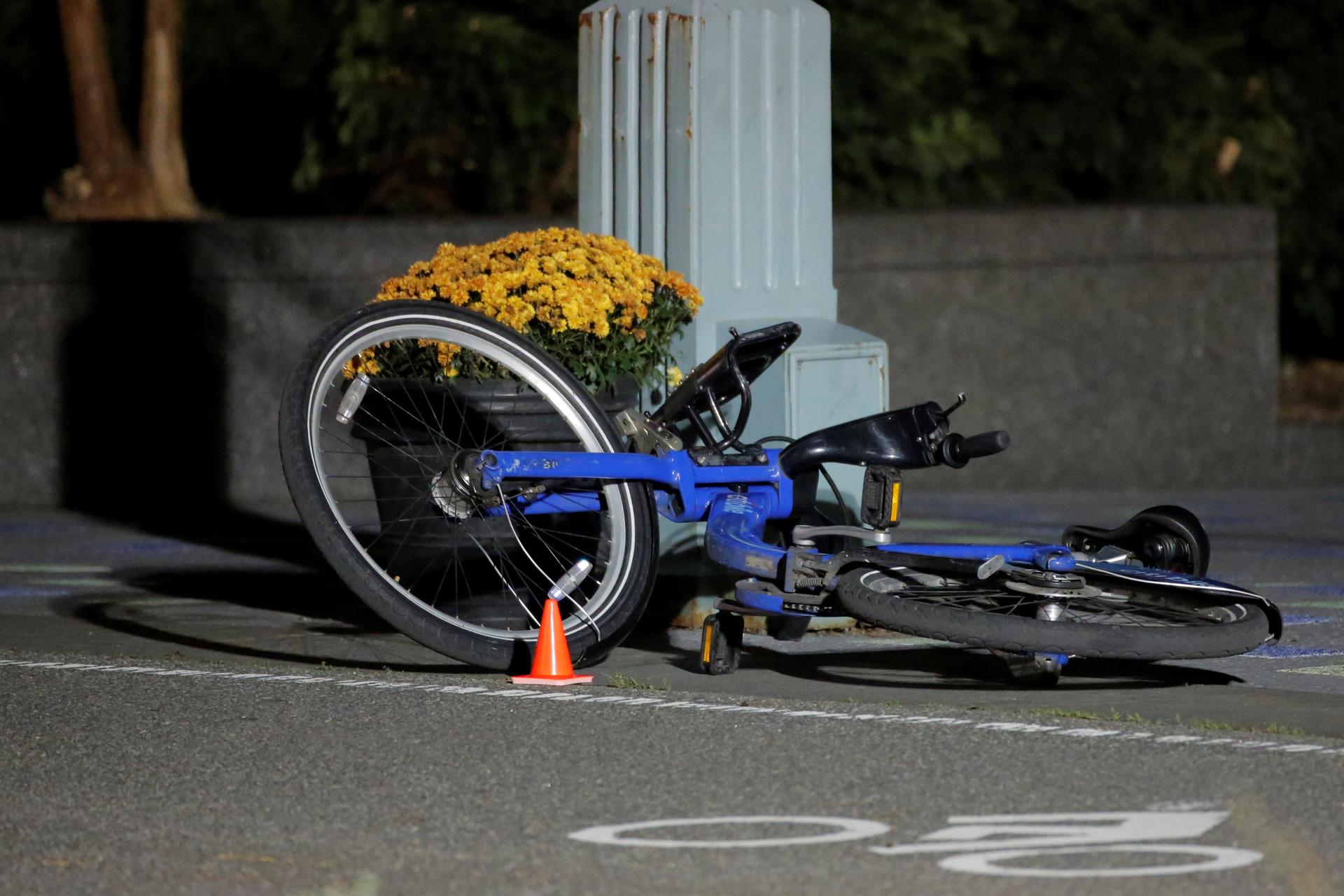 A bike lies in a bicycle lane following a truck attack on the West Side Highway in Manhattan, New York, on Nov. 1, 2017.