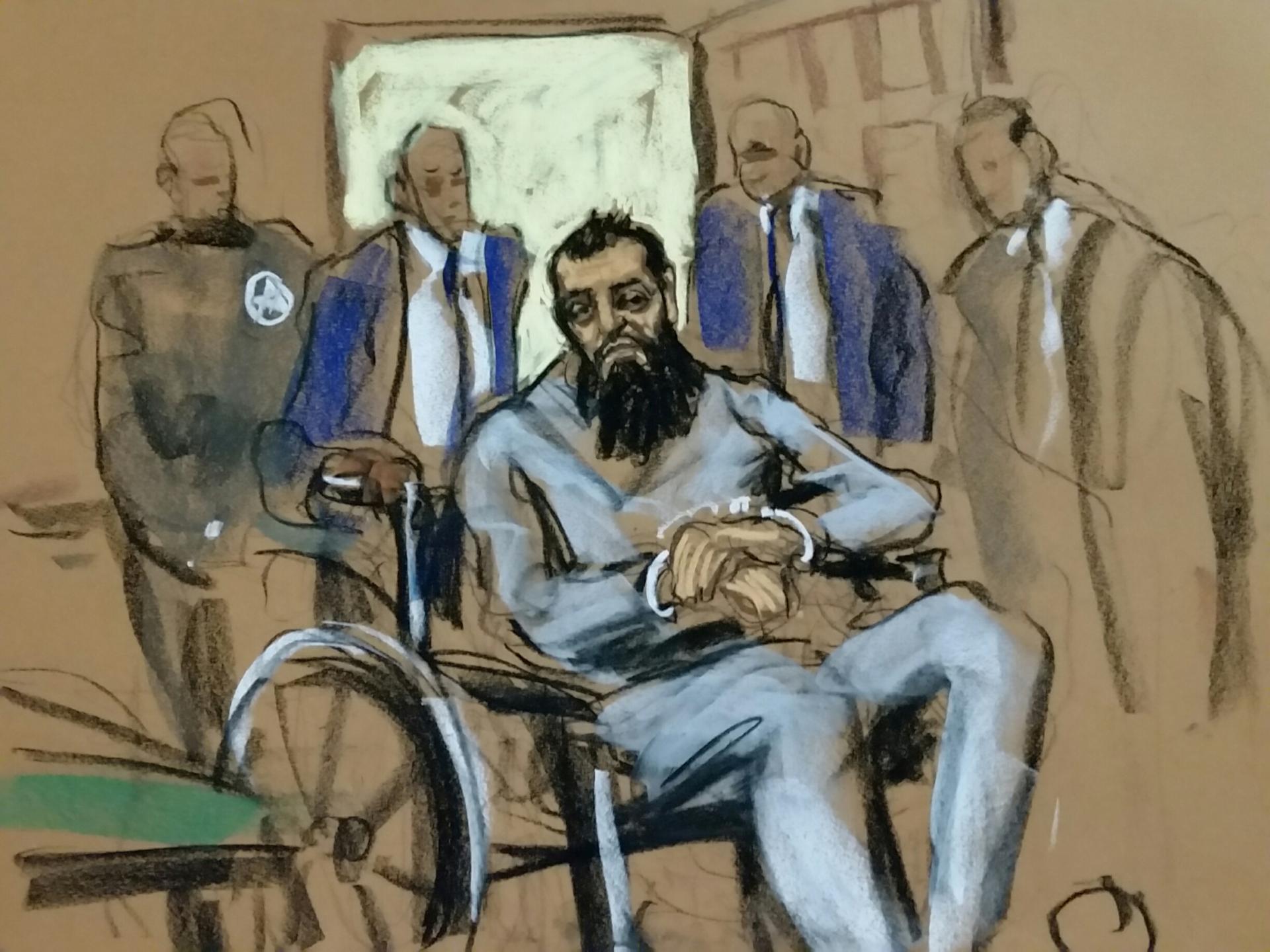 Sayfullo Saipov, the suspect in the New York City truck attack, is seen in this courtroom sketch appearing in Manhattan federal courtroom in a wheelchair in New York, NY, U.S., November 1, 2017. 