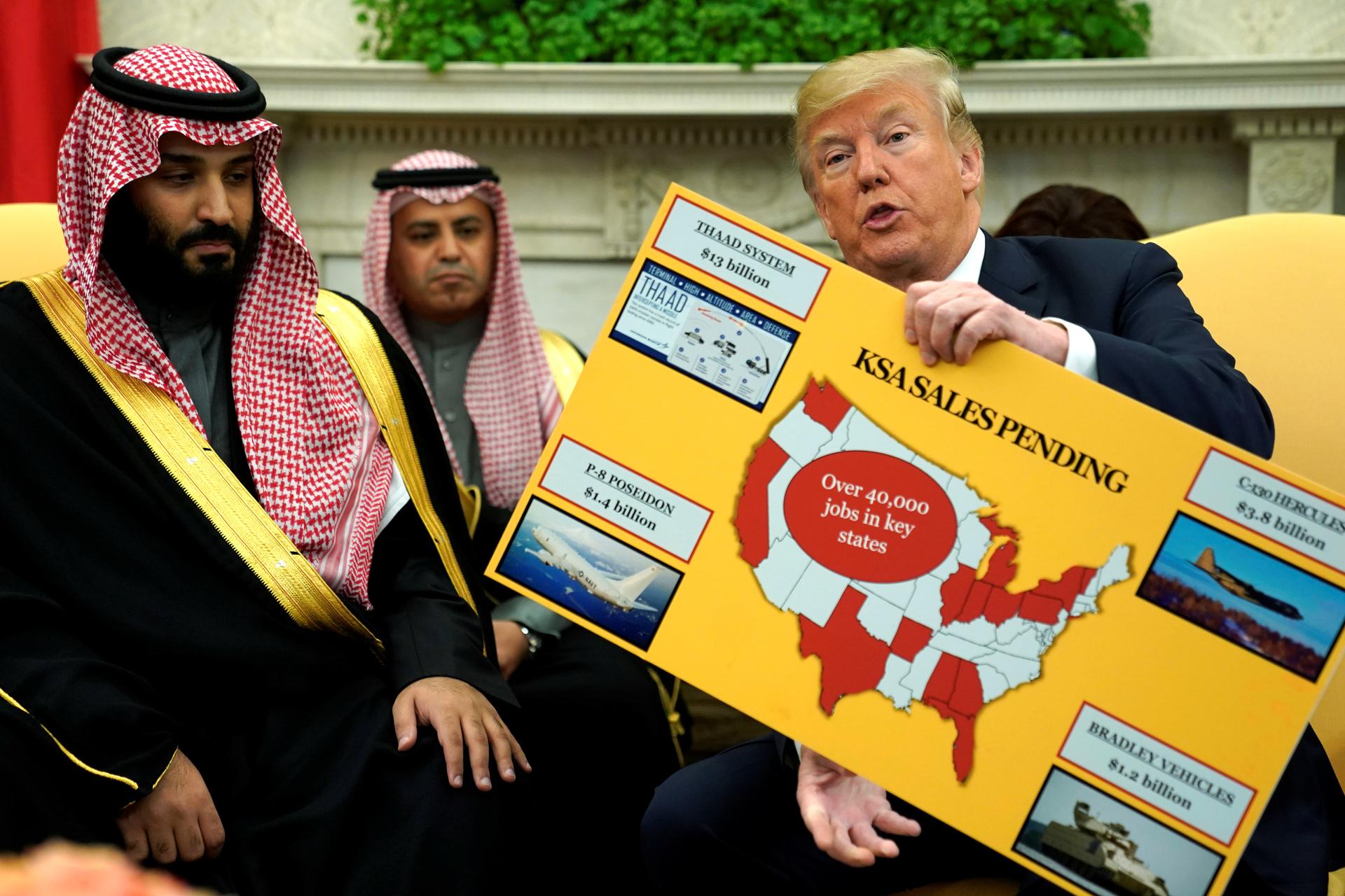 President Donald Trump holds a chart of military hardware sales as he welcomes Saudi Arabia's Crown Prince Mohammed bin Salman in the Oval Office at the White House in Washington, U.S. March 20, 2018. 