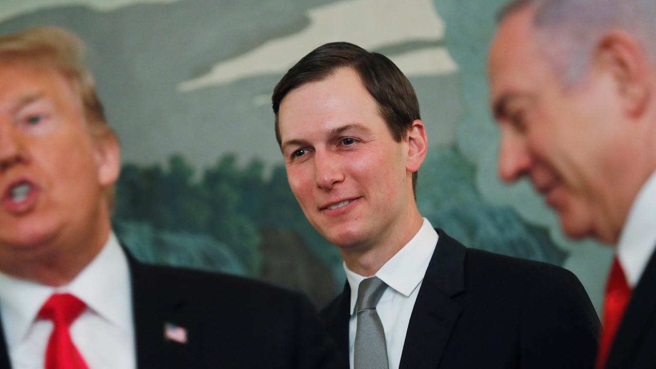 White House senior advisor Jared Kushner smiles while listening to US President Donald Trump talk as the president meets with Israel's Prime Minister Benjamin Netanyahu at the White House in Washington, U.S., March 25, 2019. 