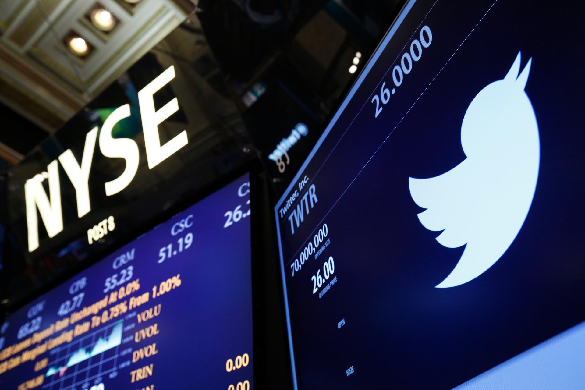 The Twitter logo is seen on the floor at the New York Stock Exchange