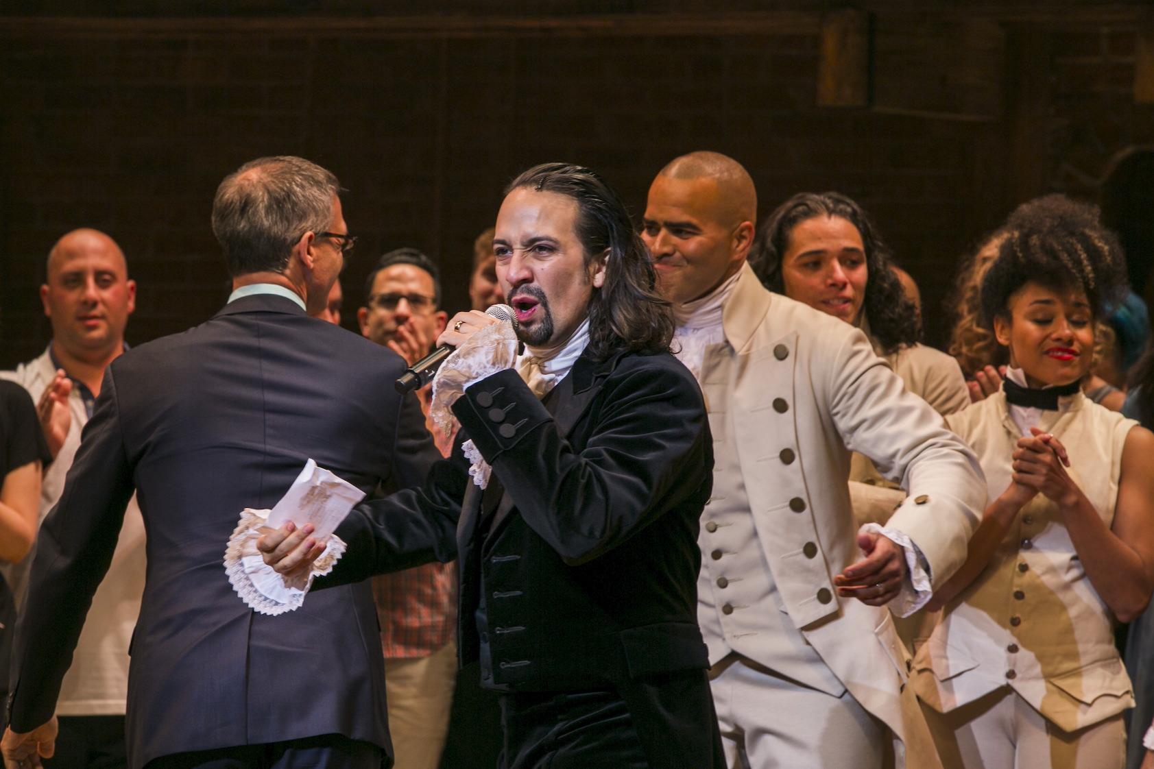 Lin-Manuel Miranda in "Hamilton" on opening night on Broadway in New York, Aug. 6, 2015.