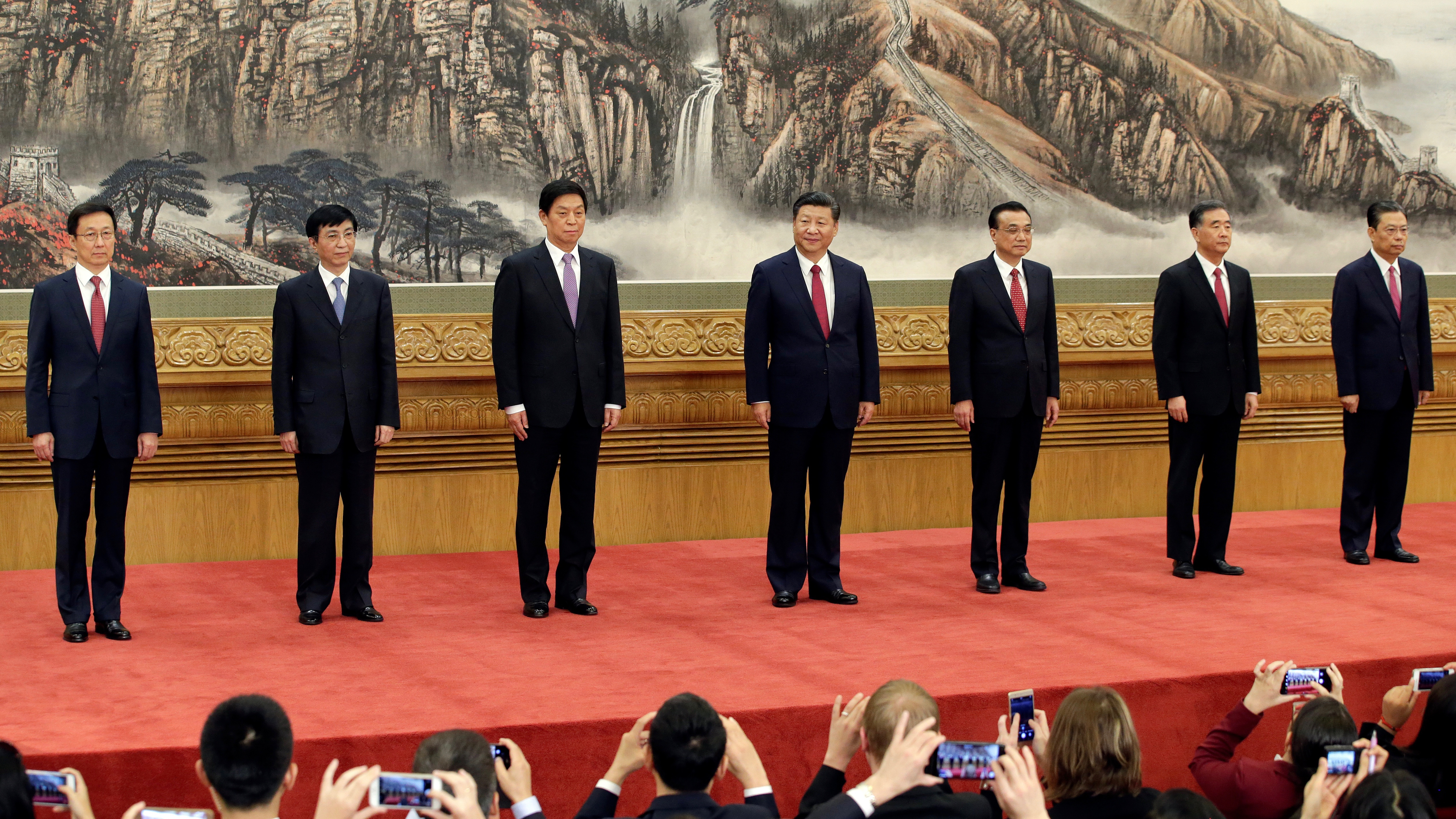 When it comes to running China, the most powerful officials in government are probably the members of the Politburo Standing Committee, lining up here for the news media at the Great Hall of the People in Beijing on October 25, 2017. But the man with the 