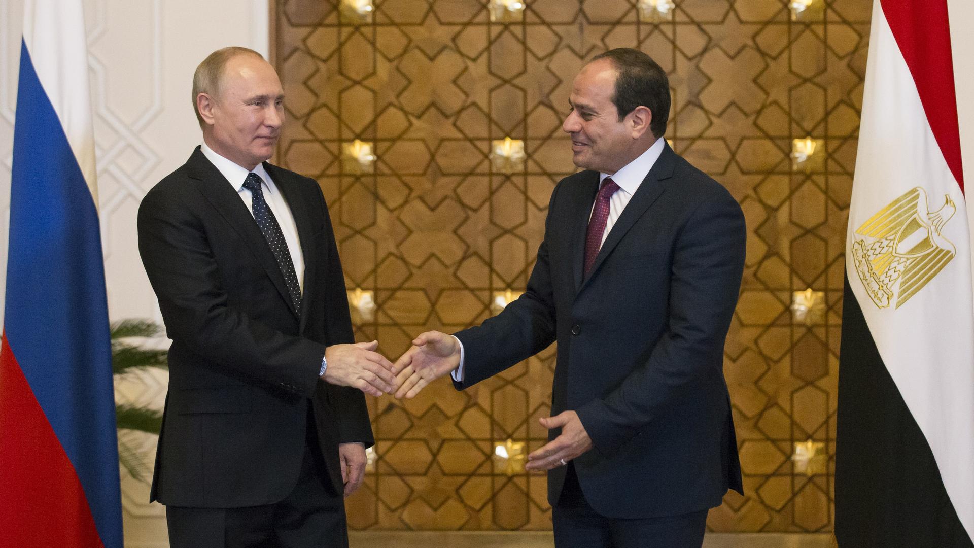 Russia's President Vladimir Putin meets his new friend, Egypt's President, Abdel Fattah al-Sisi, in Cairo on Monday