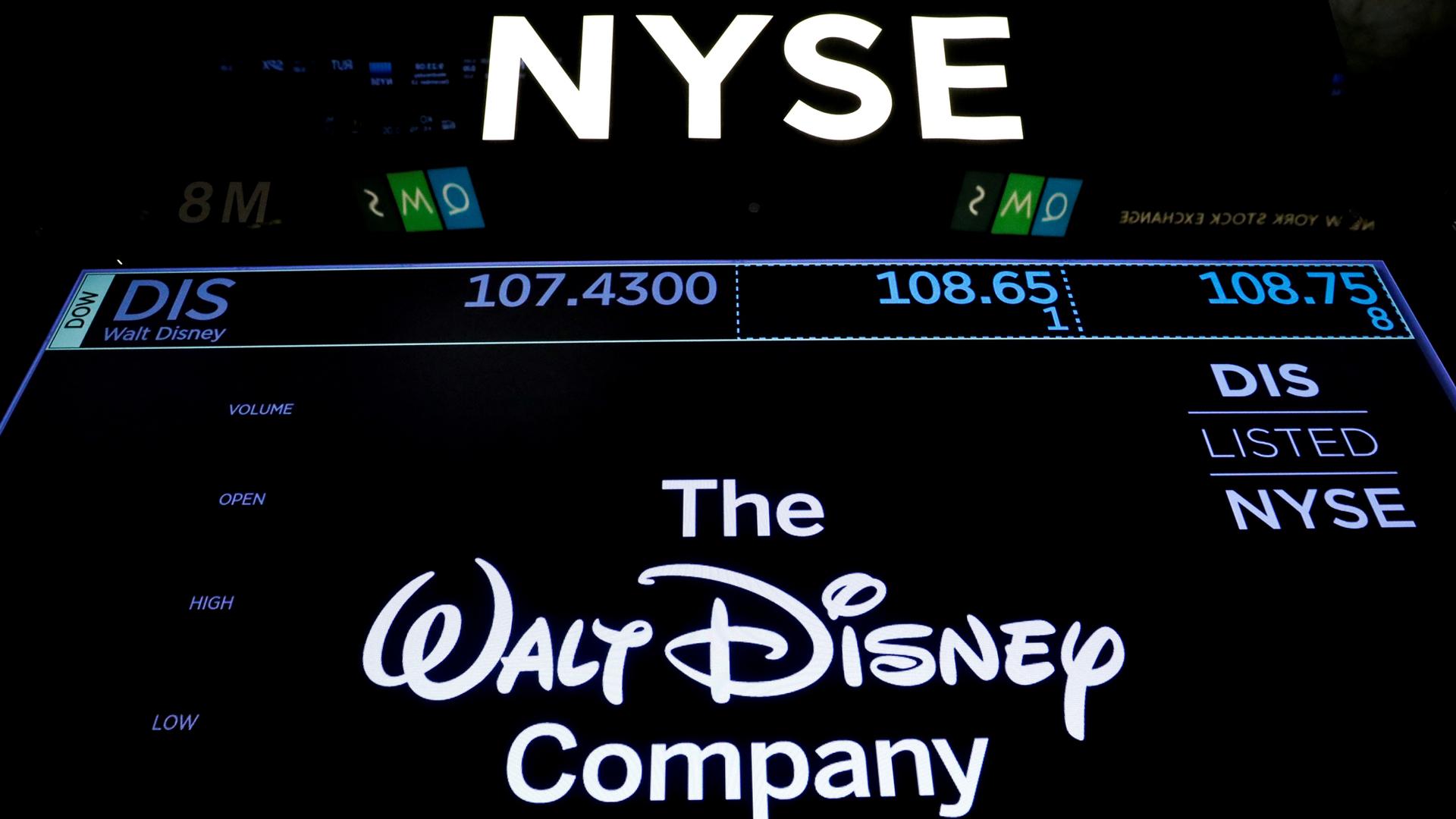 A screen shows the trading info for The Walt Disney Co. on the floor of the New York Stock Exchange (NYSE) in New York.