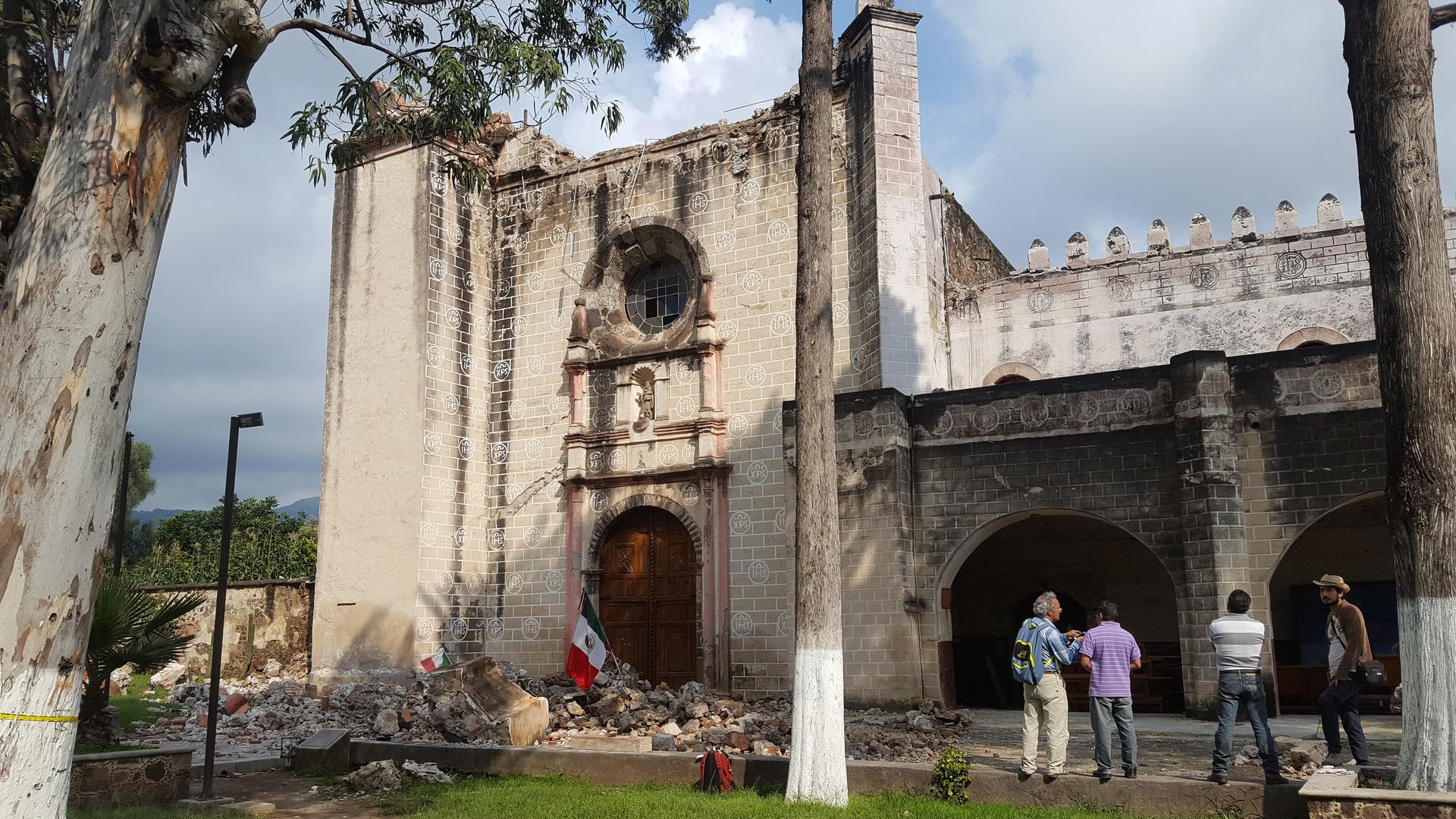 The exterior of the Ex-Convent of San Guillermo Abad, in Totolapan, Morelos state, Mexico. Behind the main facade, the chapel's roof collapsed over the main altar in the Sept. 19 earthquake.
