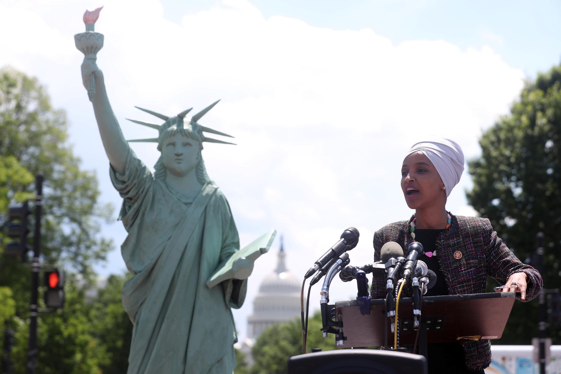 US Representative Ilhan Omar addresses a small rally on immigration rights at the temporary installation of a replica of the Statue of Liberty at Union Station in Washington, US May 16, 2019. 