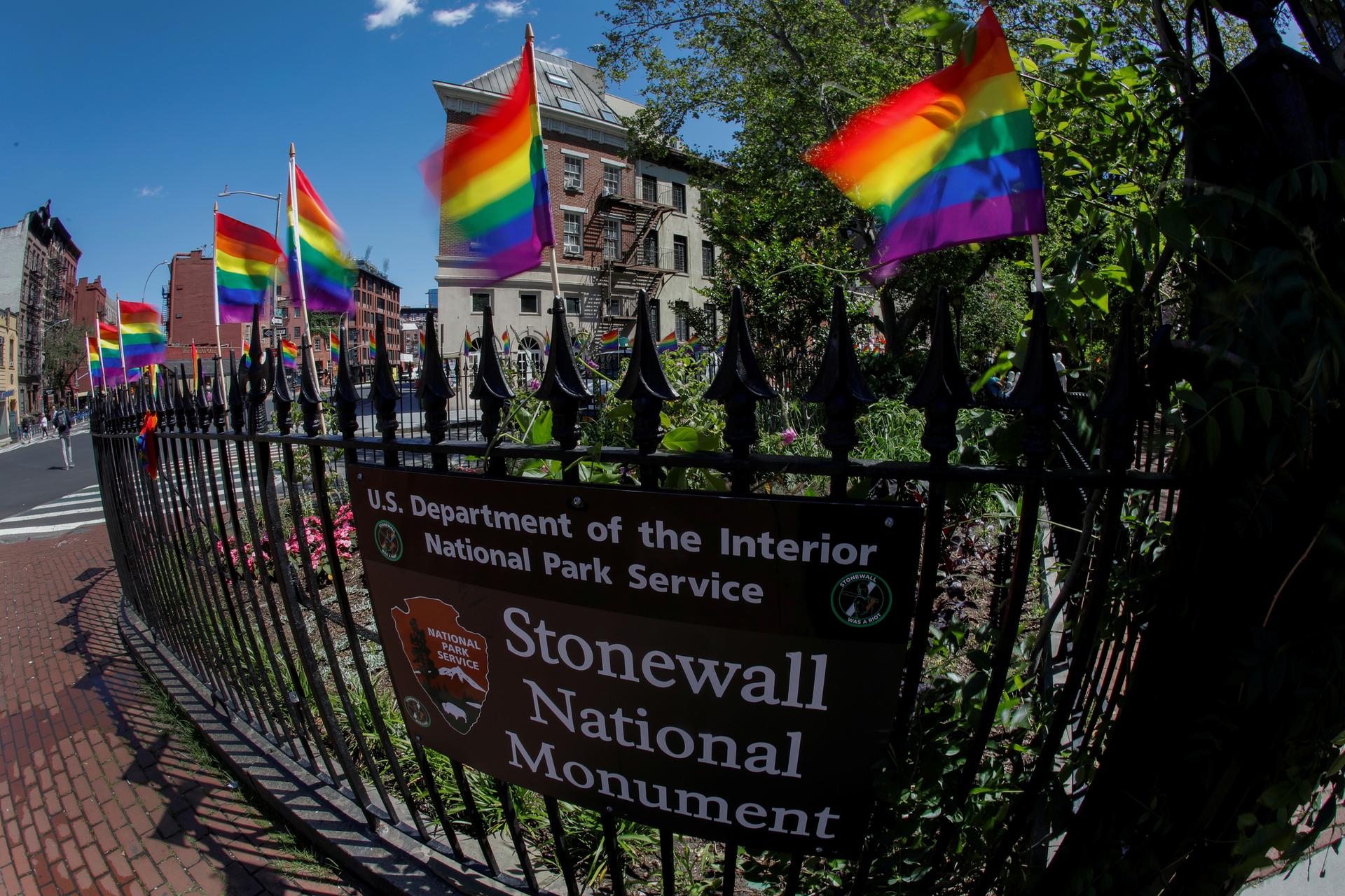 Rainbow flags wave in the wind at the Stonewall National Monument outside the Stonewall Inn, site of the1969 Stonewall uprising.