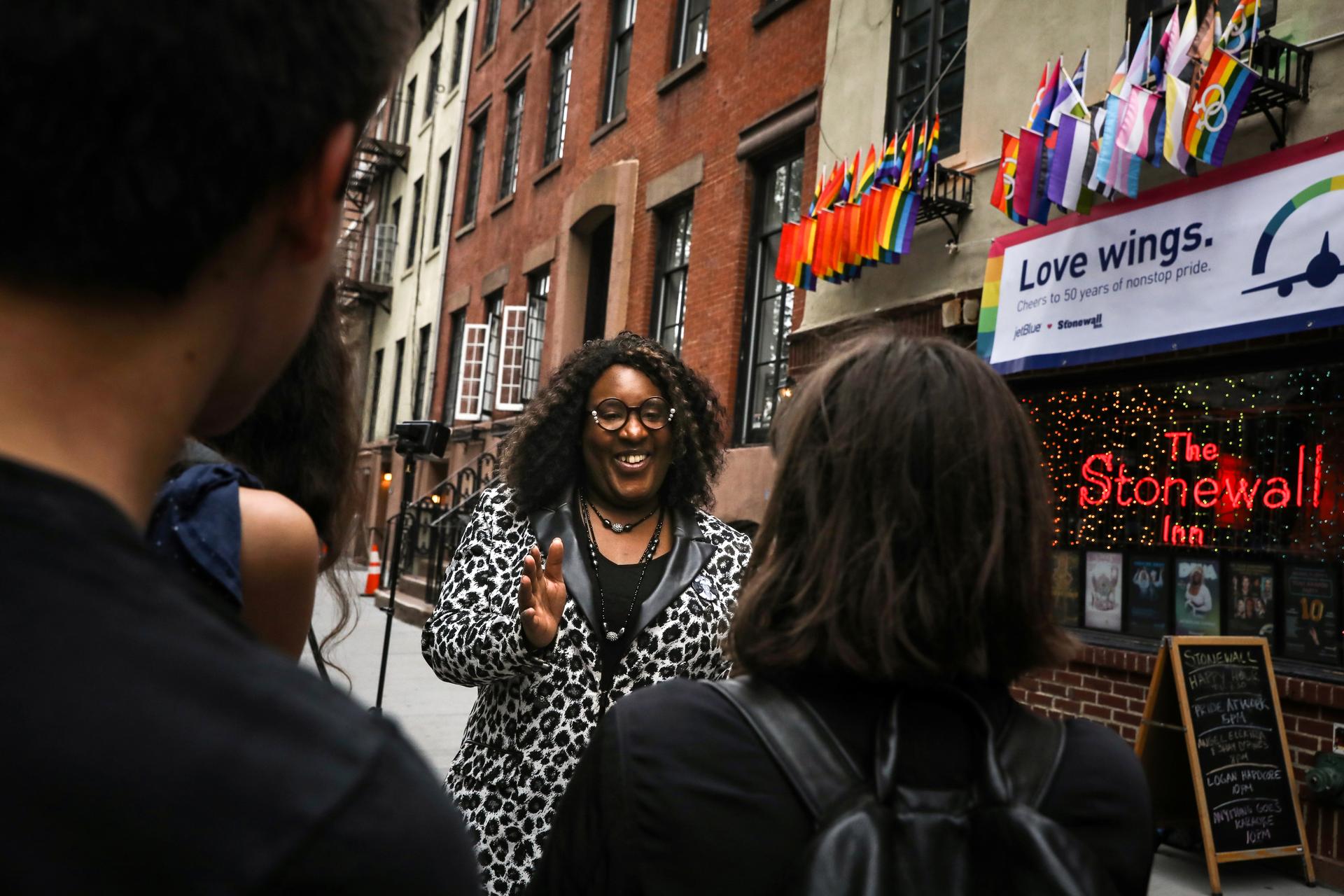 LaLa Zannell, a New York-based transgender rights activist, speaks to schoolchildren outside The Stonewall Inn in New York, U.S., May 30, 2019.