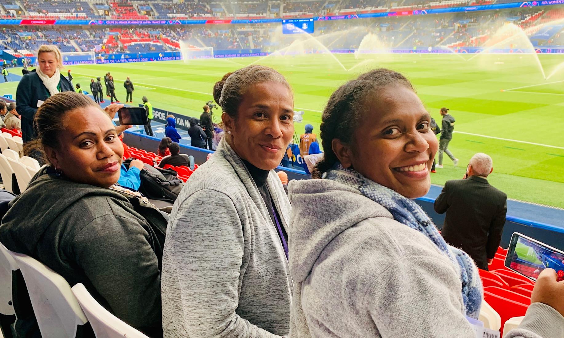 three women sports commentators at the world cup