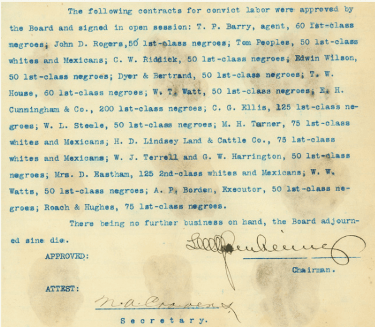 Excerpt from minutes of the regular meeting of the Texas Penitentiary Board, Nov. 12, 1903.