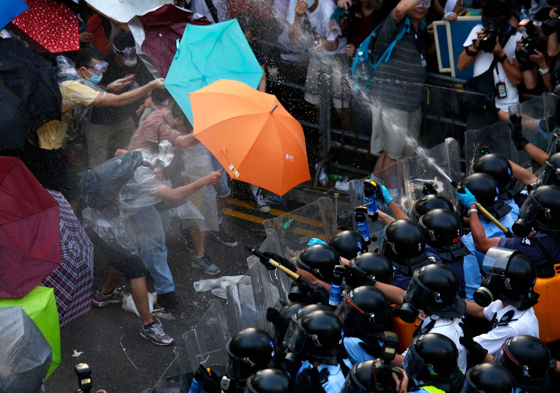 Umbrella Movement protesters face off against police, Sept. 28, 2014.