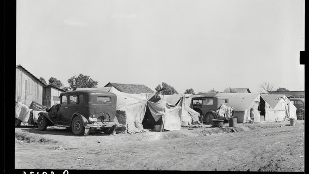 a migrant camp in the 1930s in the US
