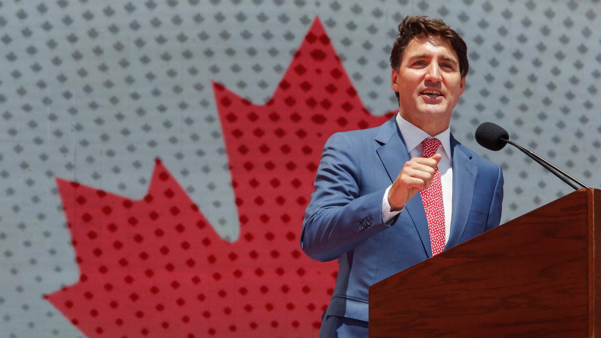 Canada Prime Minister Justin Trudeau at a podium