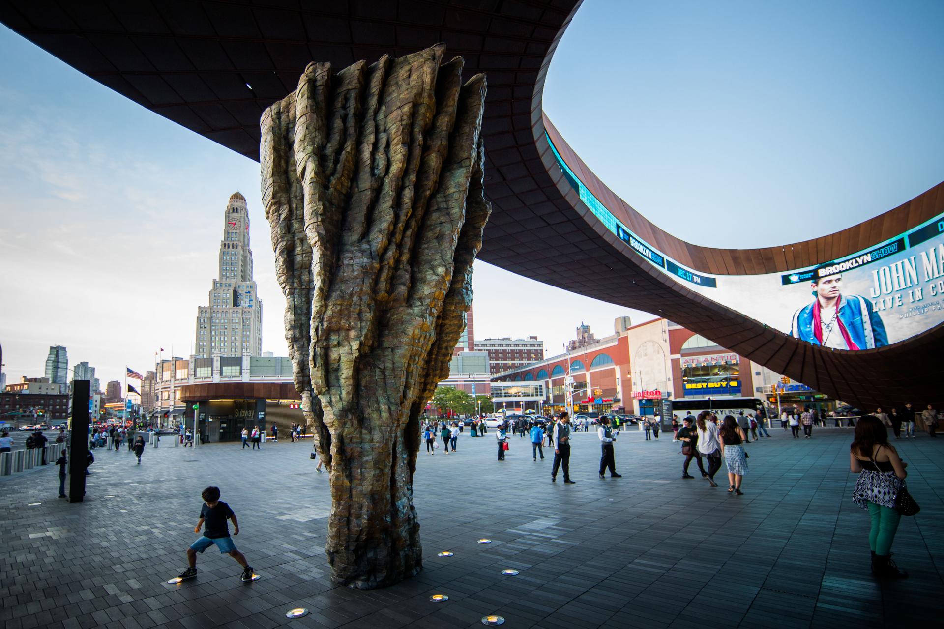 The Ursula von Rydingsvard sculpture “ONA,” 2013, at the Barclays Center in Brooklyn.