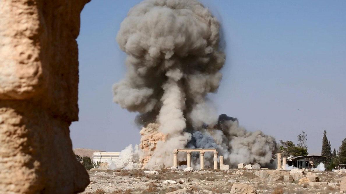 An image distributed by ISIS militants on social media purports to show the destruction of a Roman-era temple in the ancient Syrian city of Palmyra