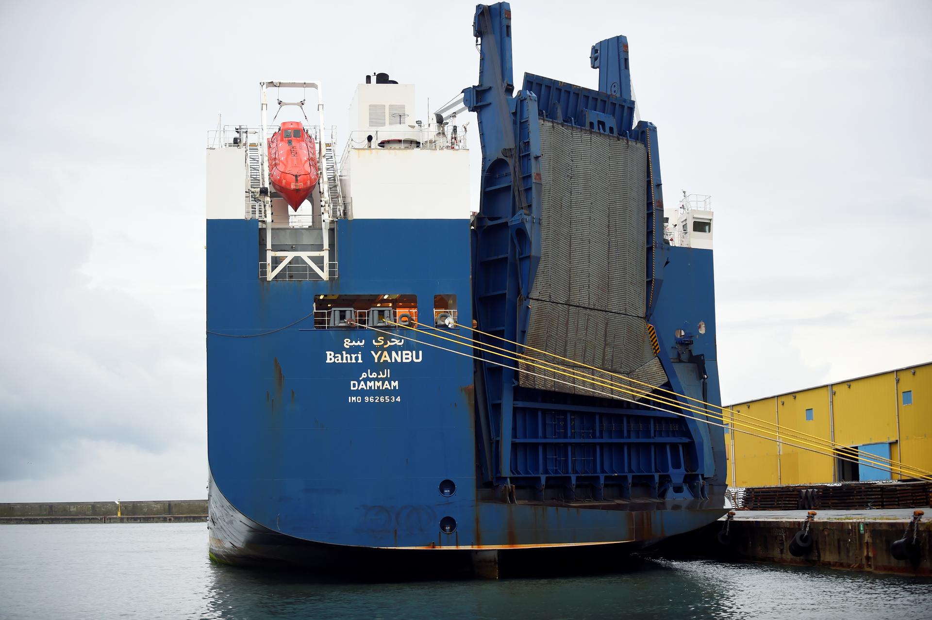 Saudi cargo ship Bahri Yanbu, that was prevented by French rights group ACAT from loading a weapons cargo at the French port of Le Havre due to concerns they might be used against civilians in Yemen, is seen at the Port of Genoa, Italy May 20, 2019. 