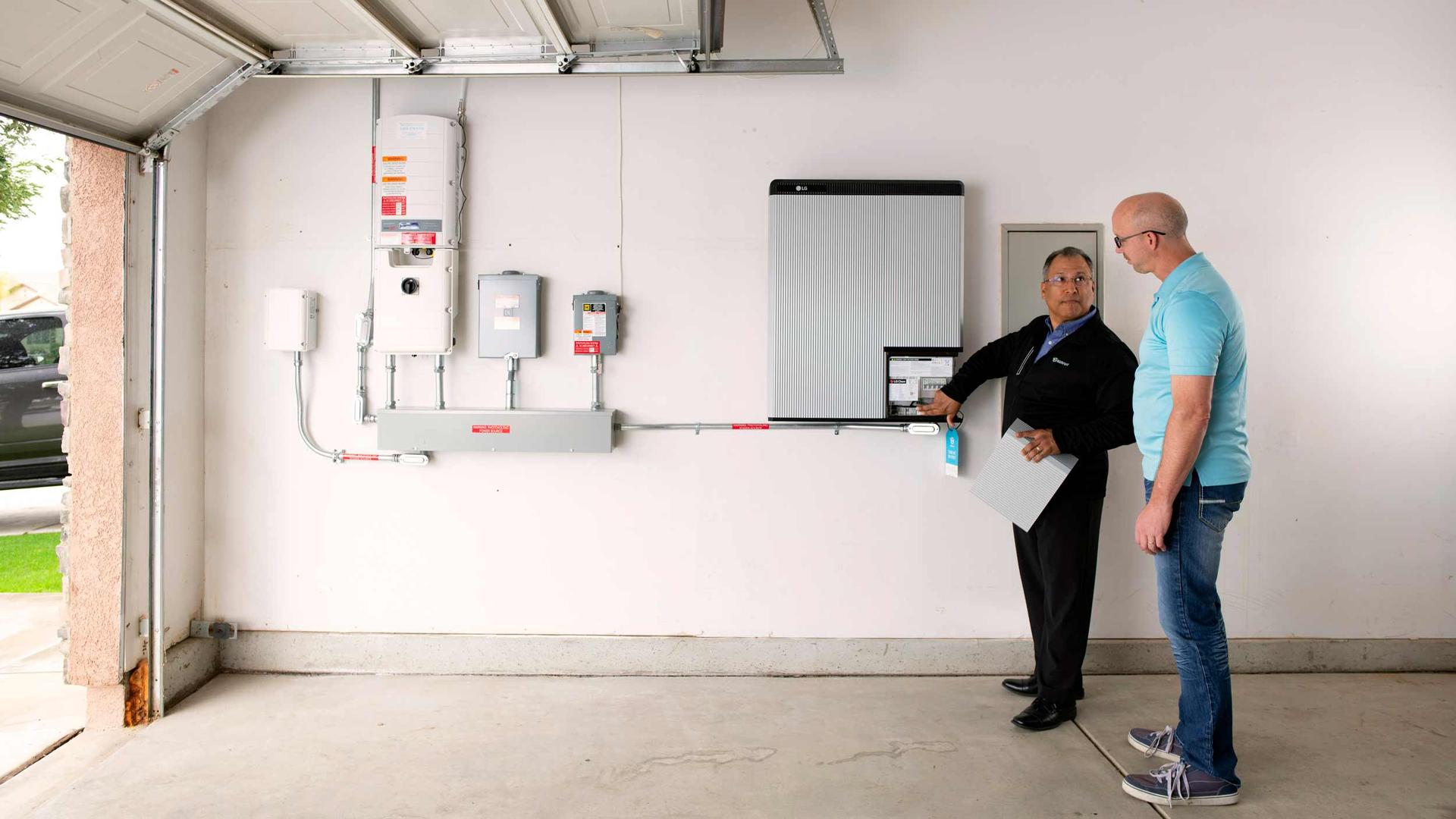 Homeowners can connect solar panels to batteries in their garage, this one from the Bay Area company Sunrun, to help power much of their homes during times of peak electricity demand. 