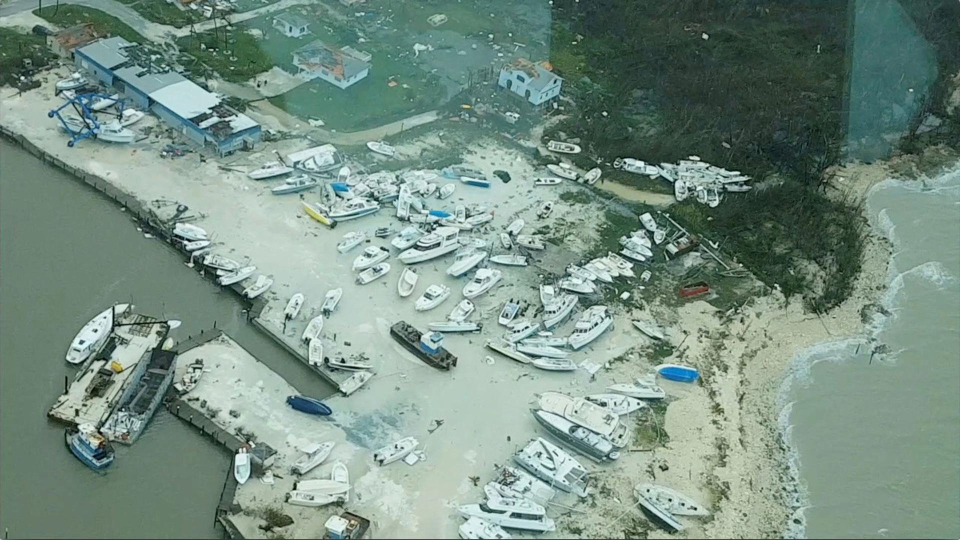 An aerial view shows boats damaged and washed ashore in the Bahamas after Huricane Dorian.
