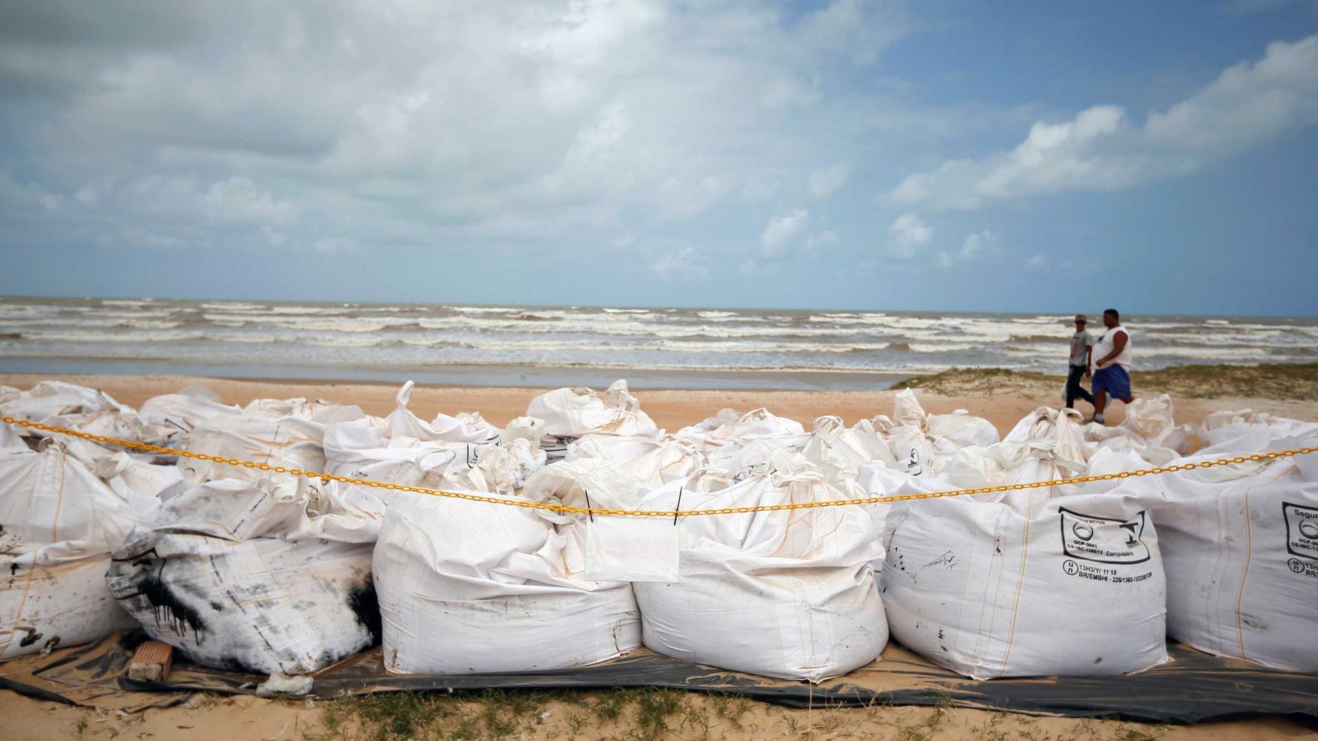 White bags line a beach. The bags are full of oil-covered sand.