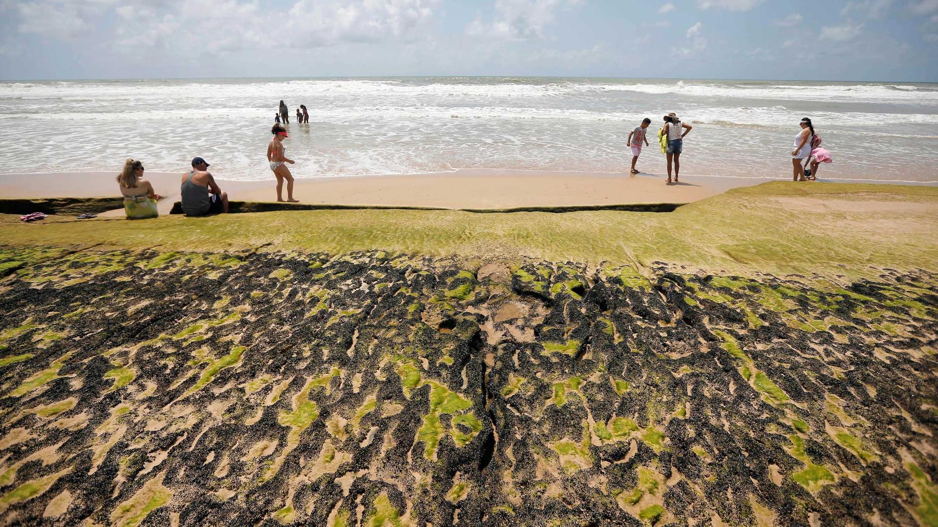 Beach goers sit on the sand and walk in the ocean, but in the foreground, dark spots of oil can be seen.