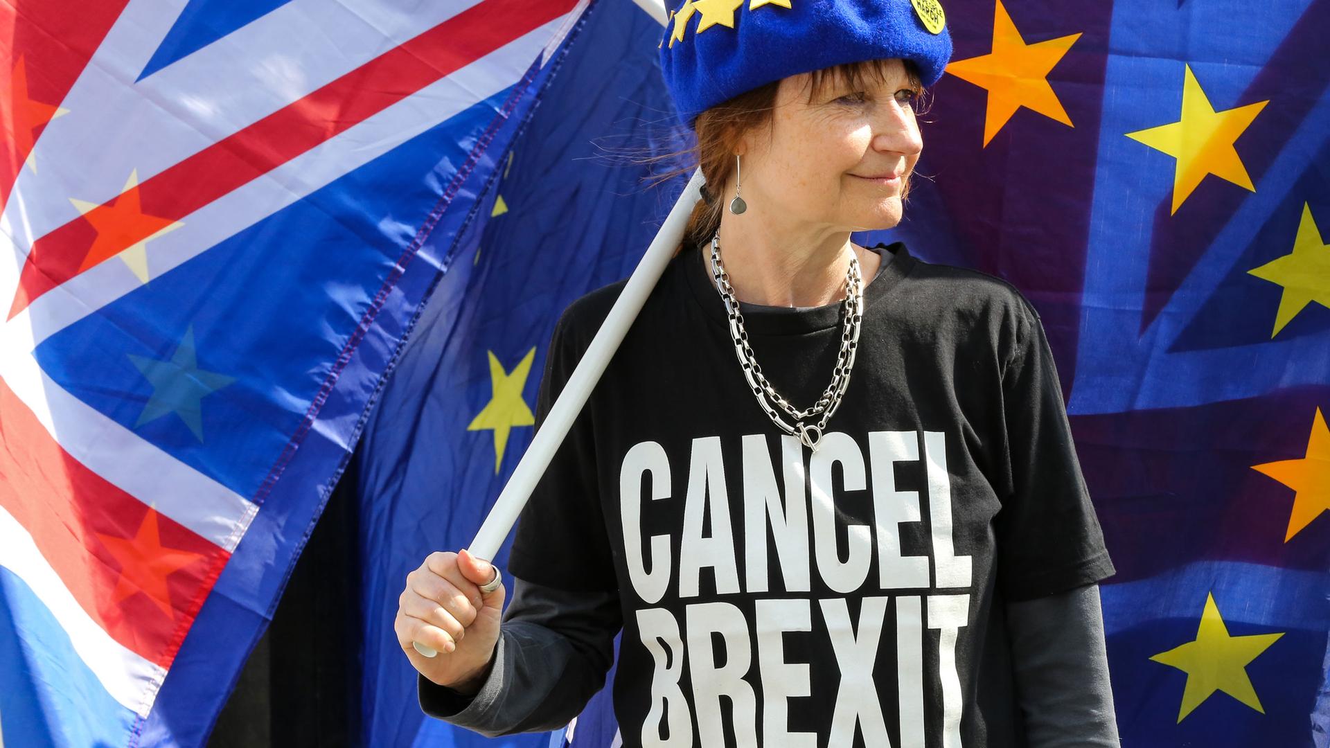 An anti-Brexit demonstrator is seen wearing an EU flag cap and a t-shirt with "Cancel Brexit" protesting outside the Houses of Parliament.