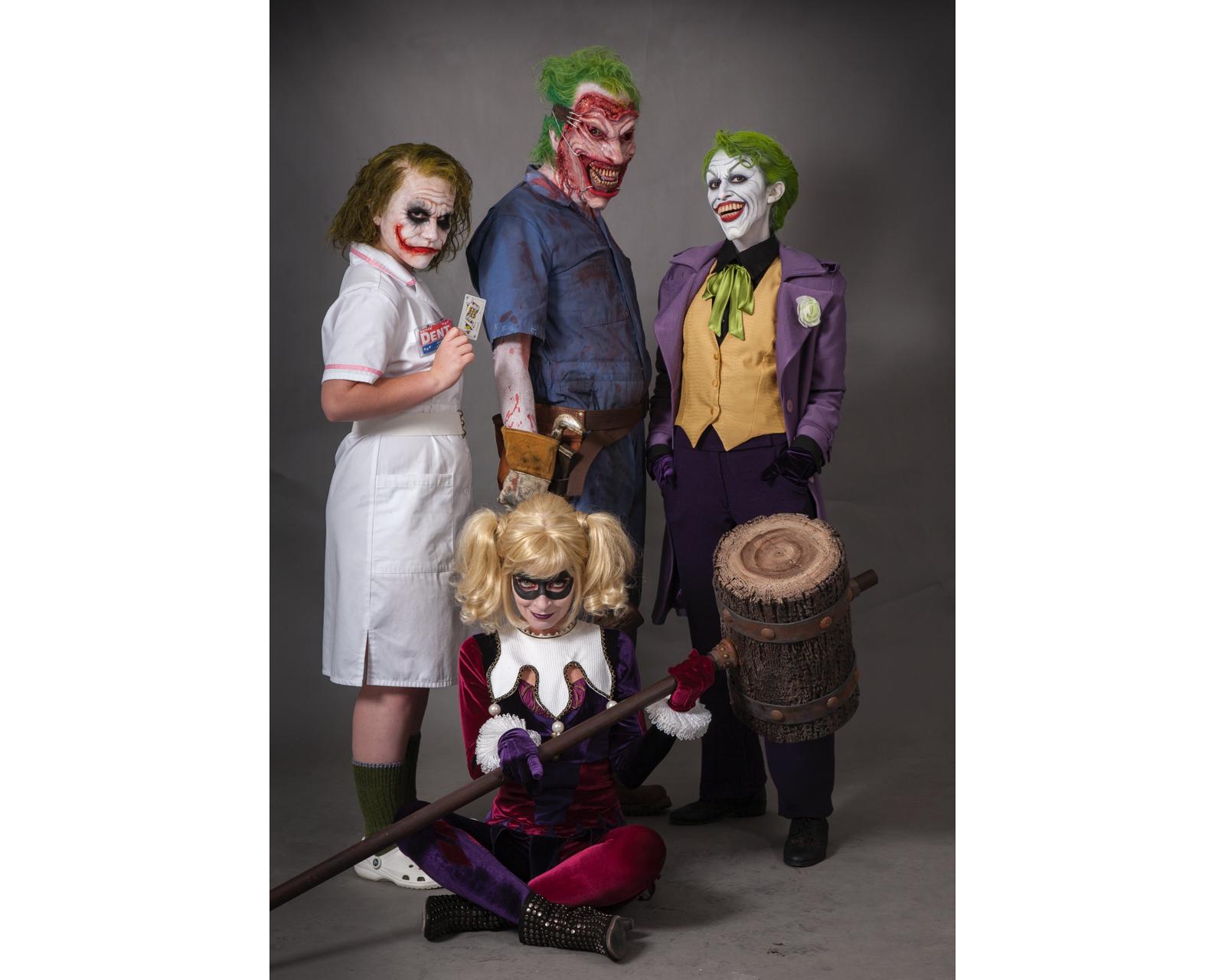 Rick Baker (center) gave his family movie-style makeup one Halloween to become different iterations of the Joker (and Harley Quinn), from screen to comic book.