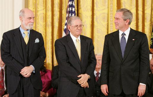 Vinton Cerf and Robert Kahn with President George W. Bush at the ceremony where Cerf and Kahn were given the Presidential Medal of Freedom for their contributions to developing the internet. 