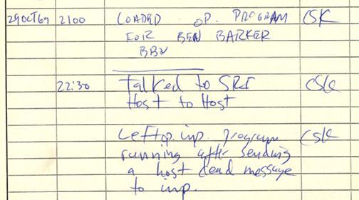 The log page showing the connection from UCLA to Stanford Research Institute on Oct. 29, 1969. 