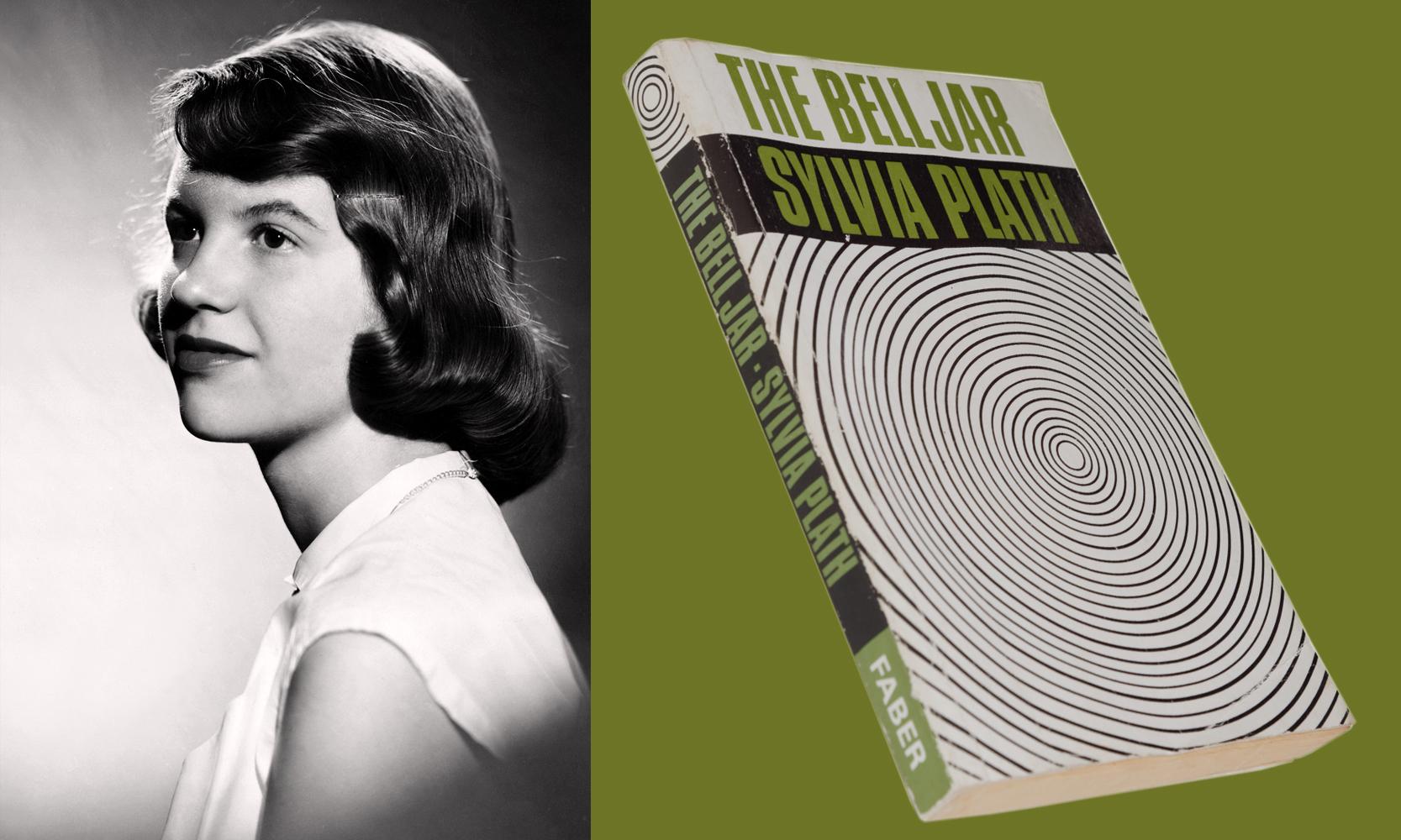 Studio photograph of Sylvia Plath (with brown hair) by Warren Kay Vantine, 1954 and the first printing of "The Bell Jar," 1966.