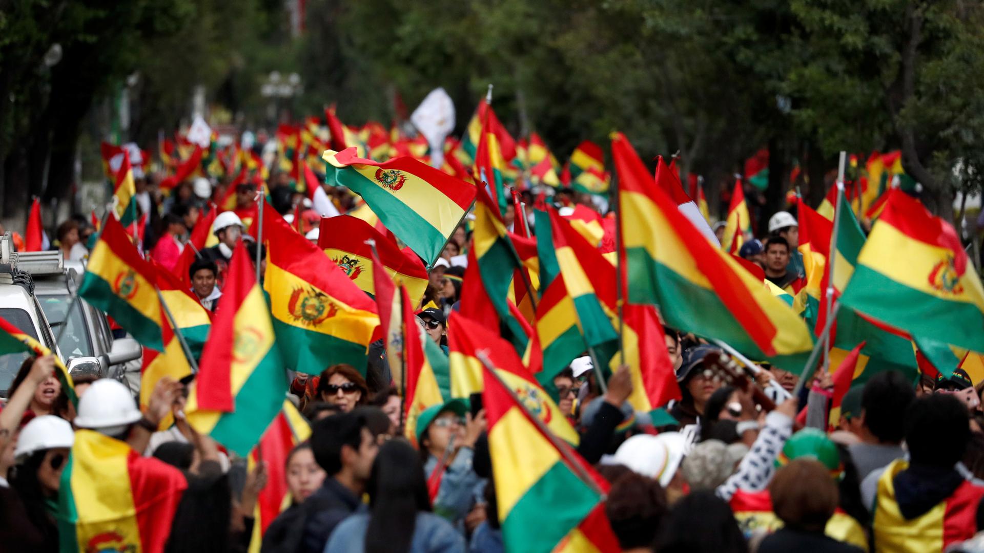 Protesters hold Bolivian flags above their heads as they pack a street