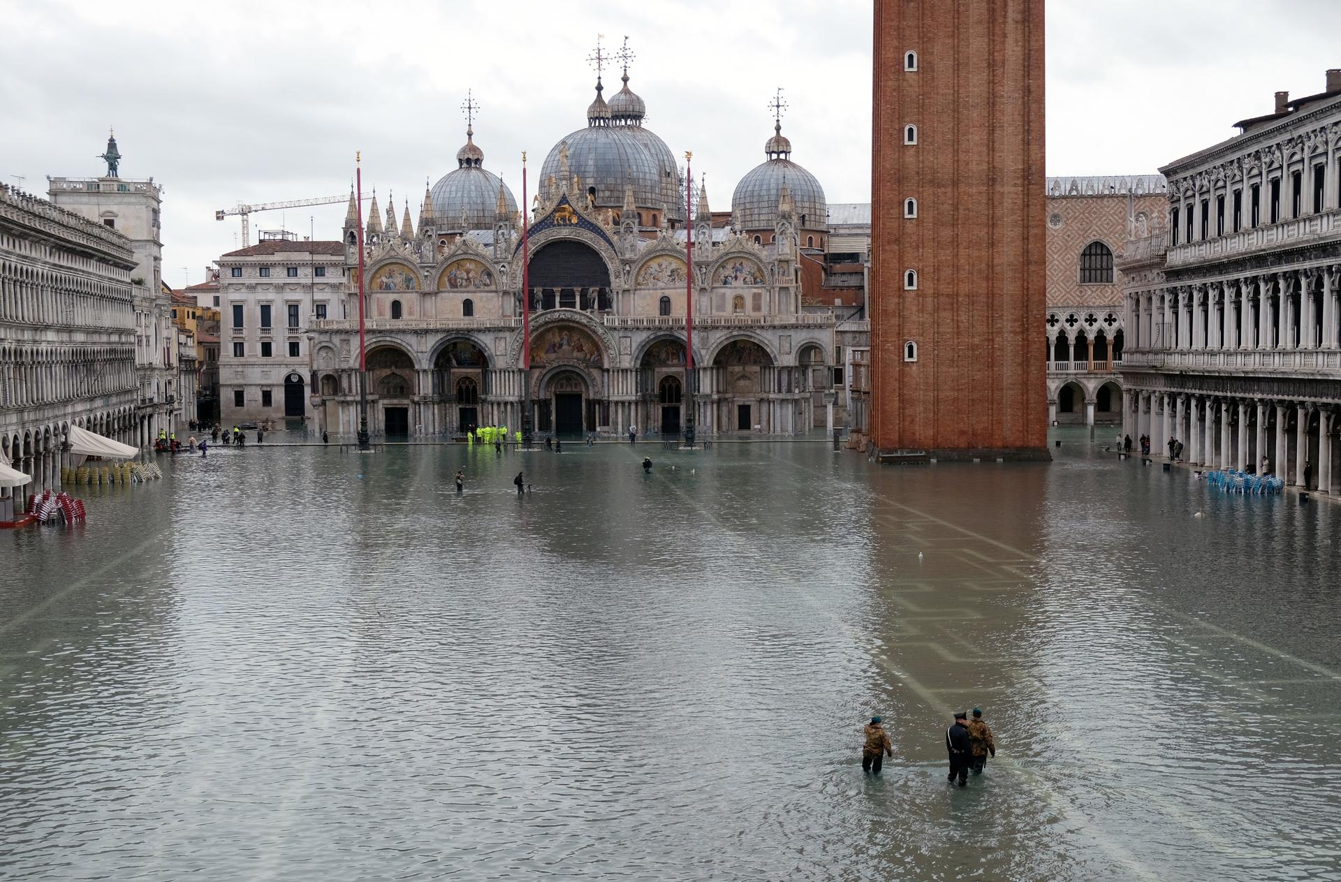 Authorities patrol St. Mark’s Square after days of severe flooding in Venice, Italy, Nov. 17, 2019. 