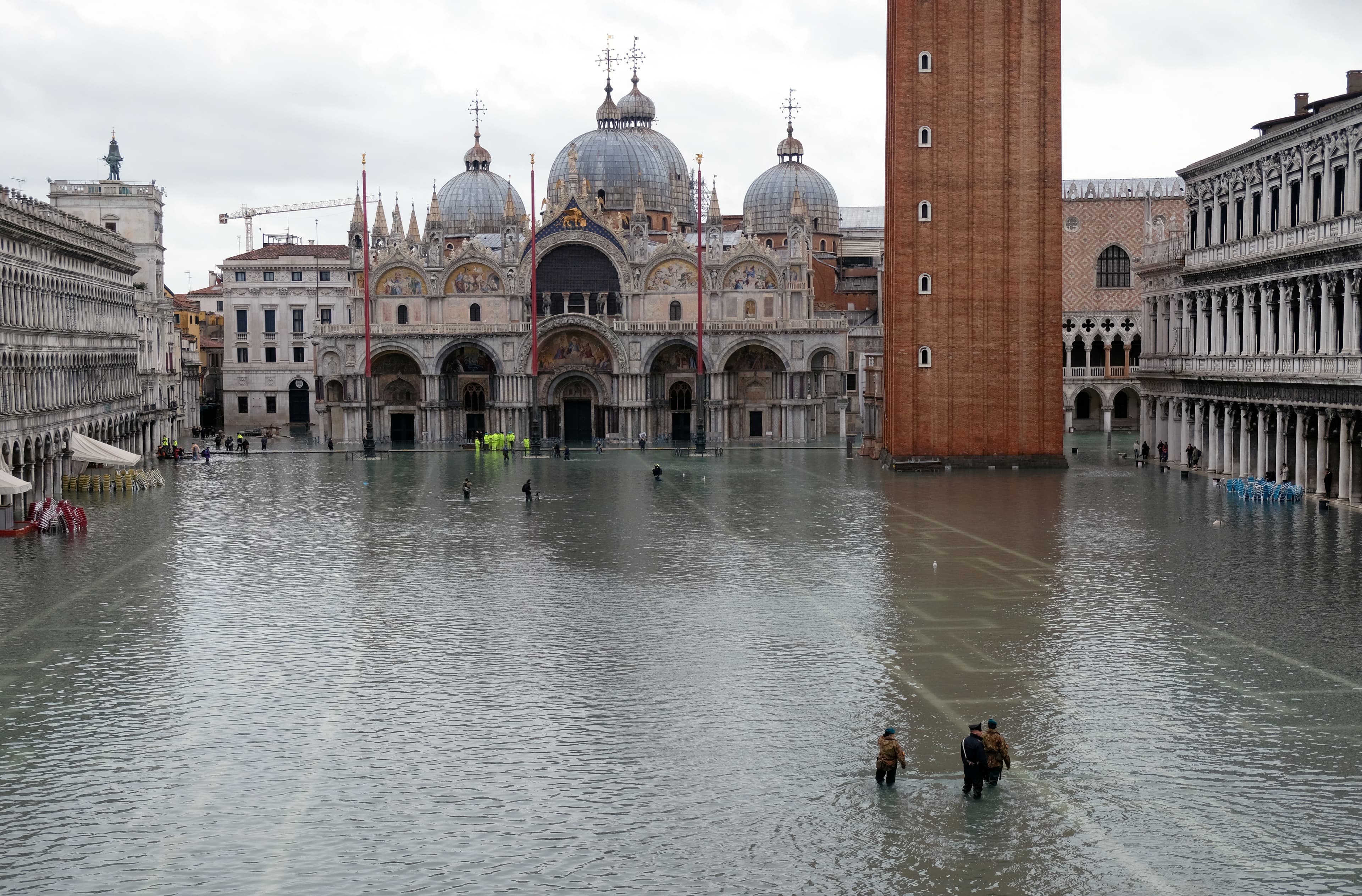 Authorities patrol St. Mark’s Square after days of severe flooding in Venice, Italy, Nov. 17, 2019.