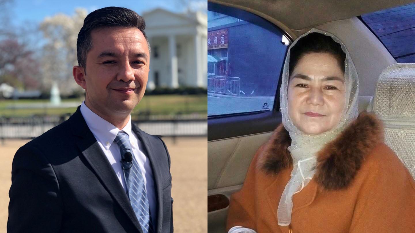 This composite shows Uighur activist Ferkat Jawdat in front of the White House in Washington, March 28, 2019. His mother Minaiwaier Tuersun is pictured on the right shortly before she was detained in Xinjiang, China, in early 2018.