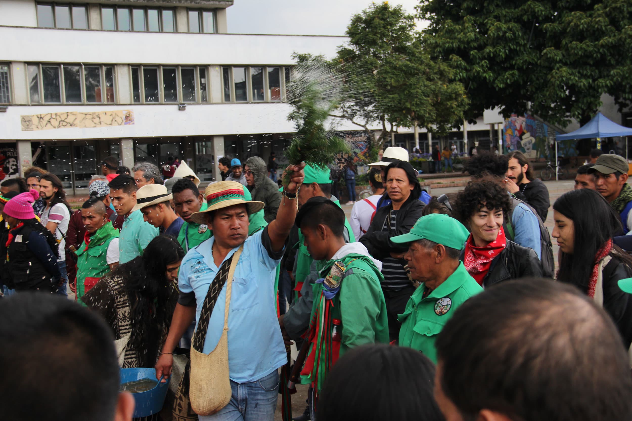 An Indigenous man is shown in the middle of a large crowd and throwing a handful of rosemary into the air.