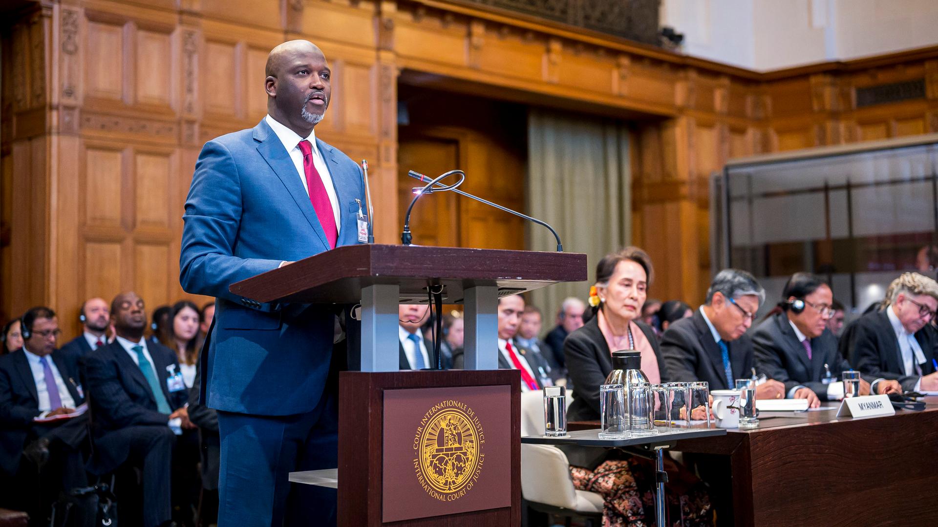 Gambia's Justice Minister Abubacarr Tambadou speaks on the first day of hearings in a case against Myanmar alleging genocide against the minority Muslim Rohingya population at the International Court of Justice in The Hague, Netherlands.