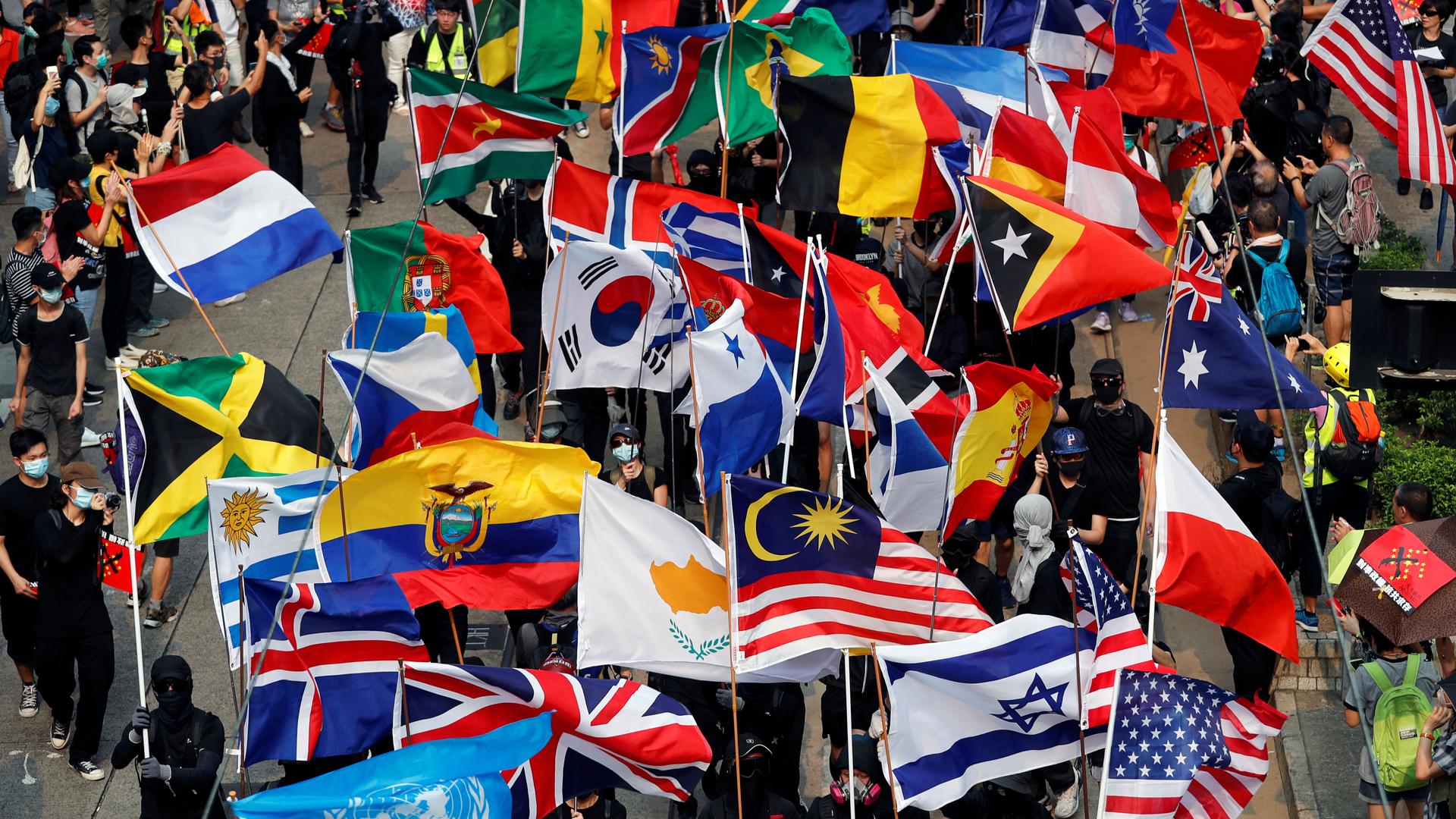 Flags of many countries carried by protesters fill the frame. 