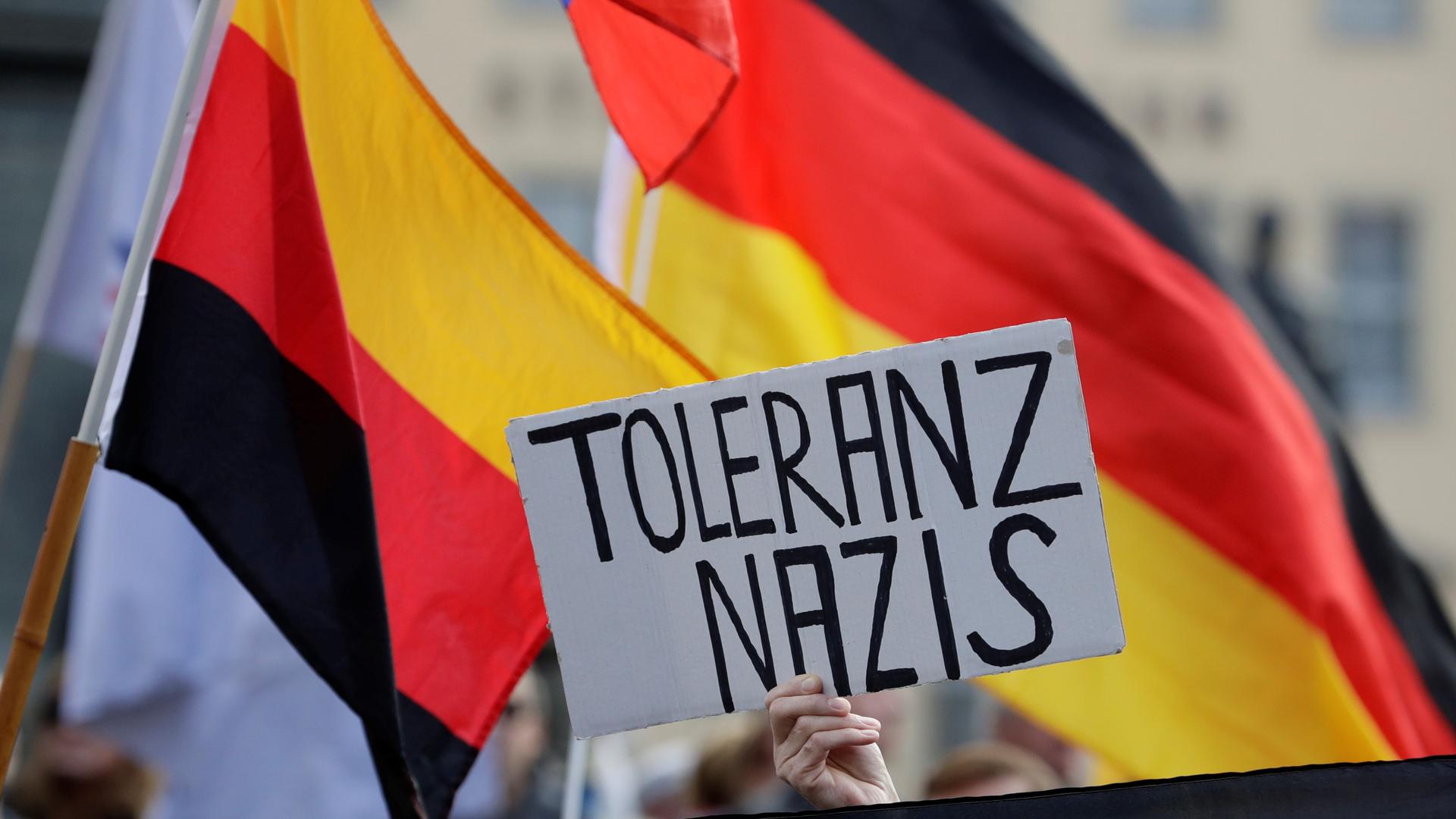 a German flag waves and a protester holds up a sign that says "tolerance Nazi"
