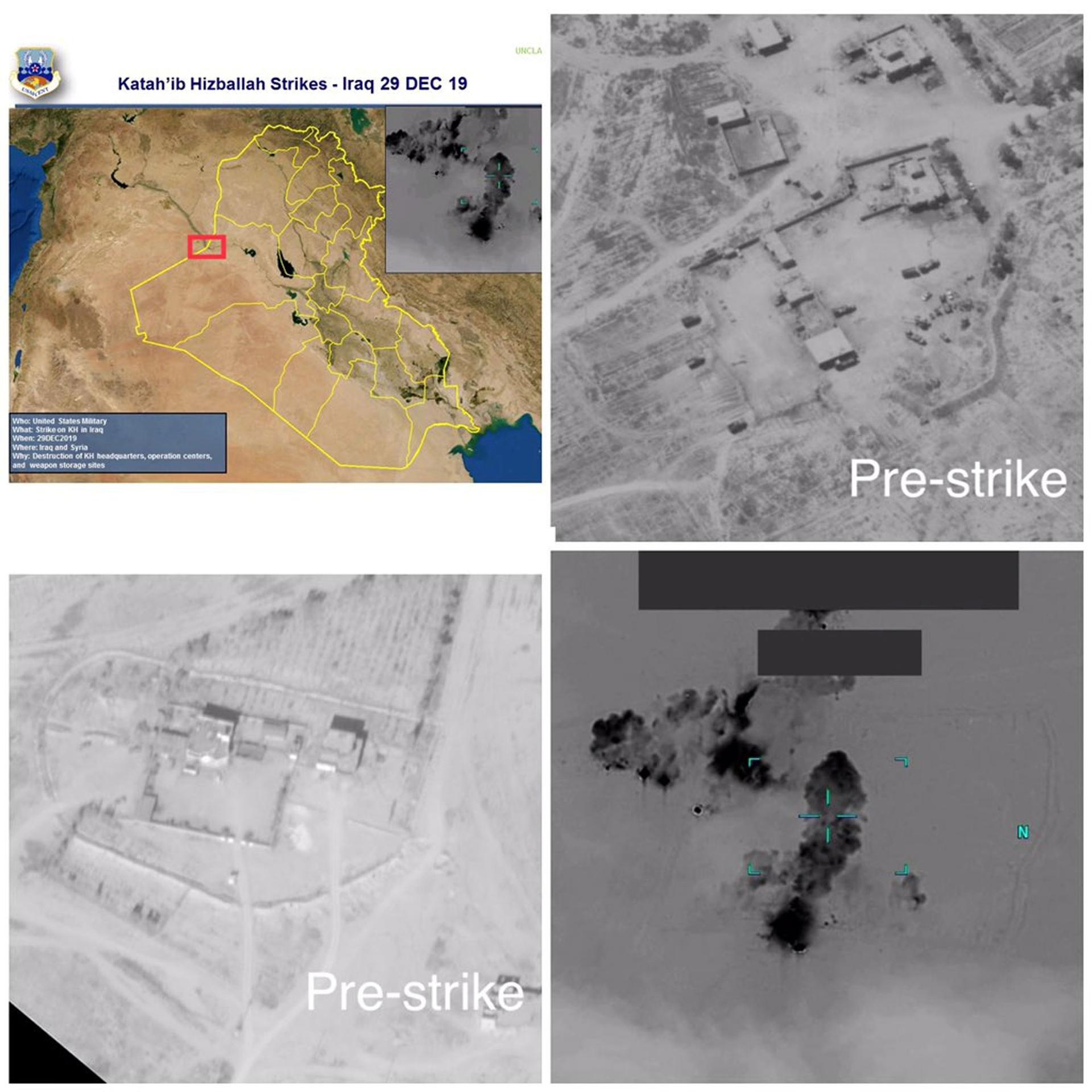 A combination of satellite images showing the before and after of a US air strike.